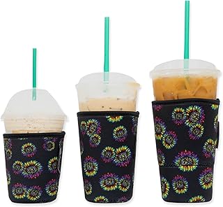 Baxendale Iced Coffee Sleeve for Cold Drink Cups - 3 Pack Neoprene Iced Coffee Sleeve Cup Sleeves for Cold Drinks, Reusable Compatible with Starbucks Dunkin, 4mm-Thick (Sunflower Full Print Black)
