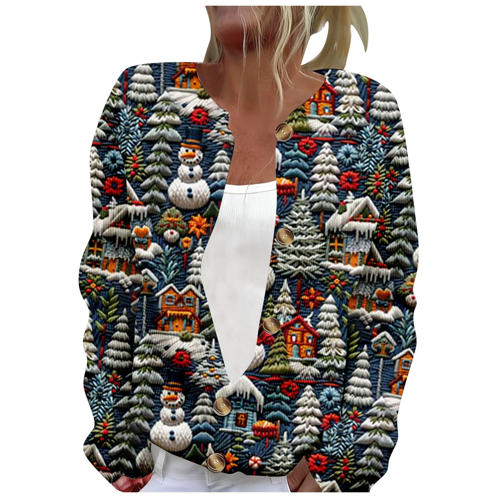 Ugly Christmas Cardigan Sweater Women Xmas 3D Print Long Sleeve Button up Sweaters Winter Warm Cable Knit Sweater