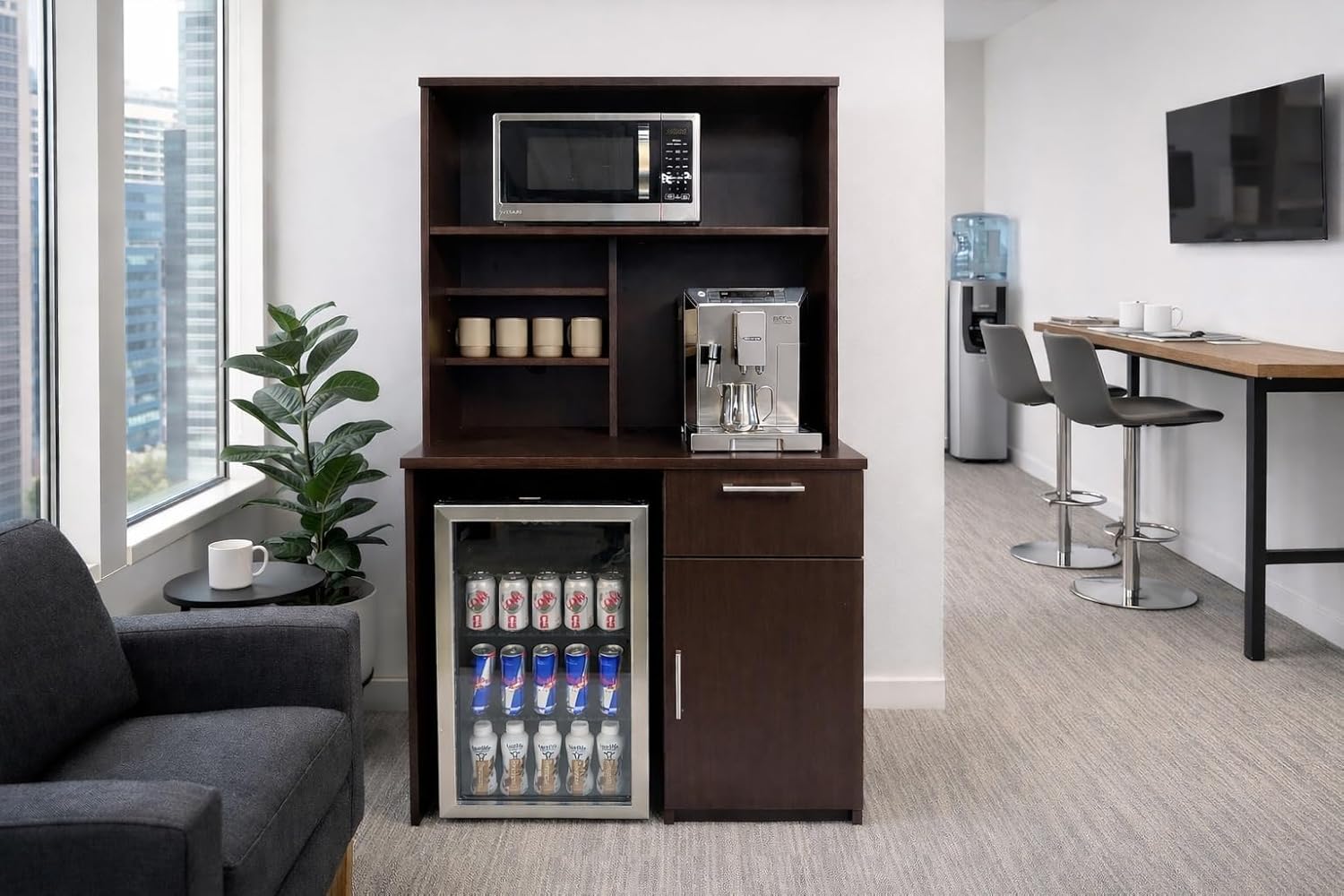 BREAKtime 36” Fully Assembled Commercial-Grade Refreshment Cabinet 36" W x 24" D x 75" H – Office Coffee Station with Hutch, Microwave & Fridge Openings (Appliances Not Included)