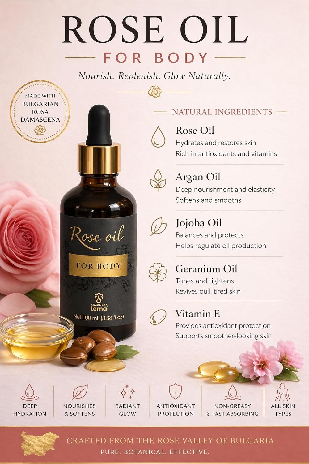 Lema Rose Body Oil – Hydrating Body Oil with Pure Bulgarian Rosa Damascena Oil (Rose Otto), Argan & Jojoba Oils – Moisturizing Skin Oil for Dry Skin, Silky Finish – 100 mL (3.38 Fl Oz)