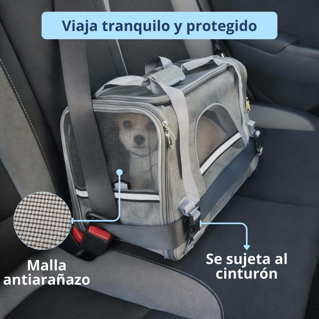 Transportin Gato con ventilación 360° y colchón Suave, Incluye Kit de Viaje con Plato Plegable, Toalla y Porta Bolsas, Seguro para Coche o avión Cabina, transportin Perro pequeño | Gris