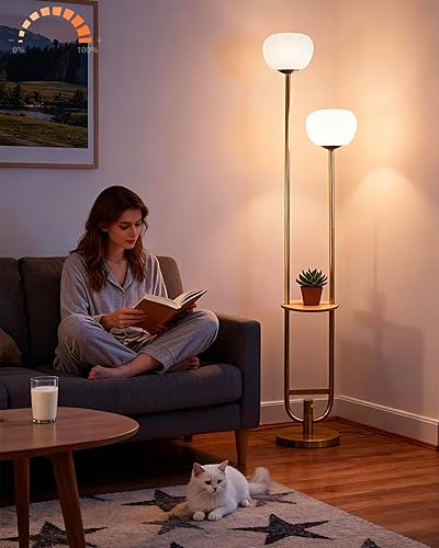 Miniatura 17 de Lightdot Lámparas de pie bohemias regulables para sala de estar, lámpara de pie de ratán de 3 luces con estantes, lámpara de pie de granja blanca