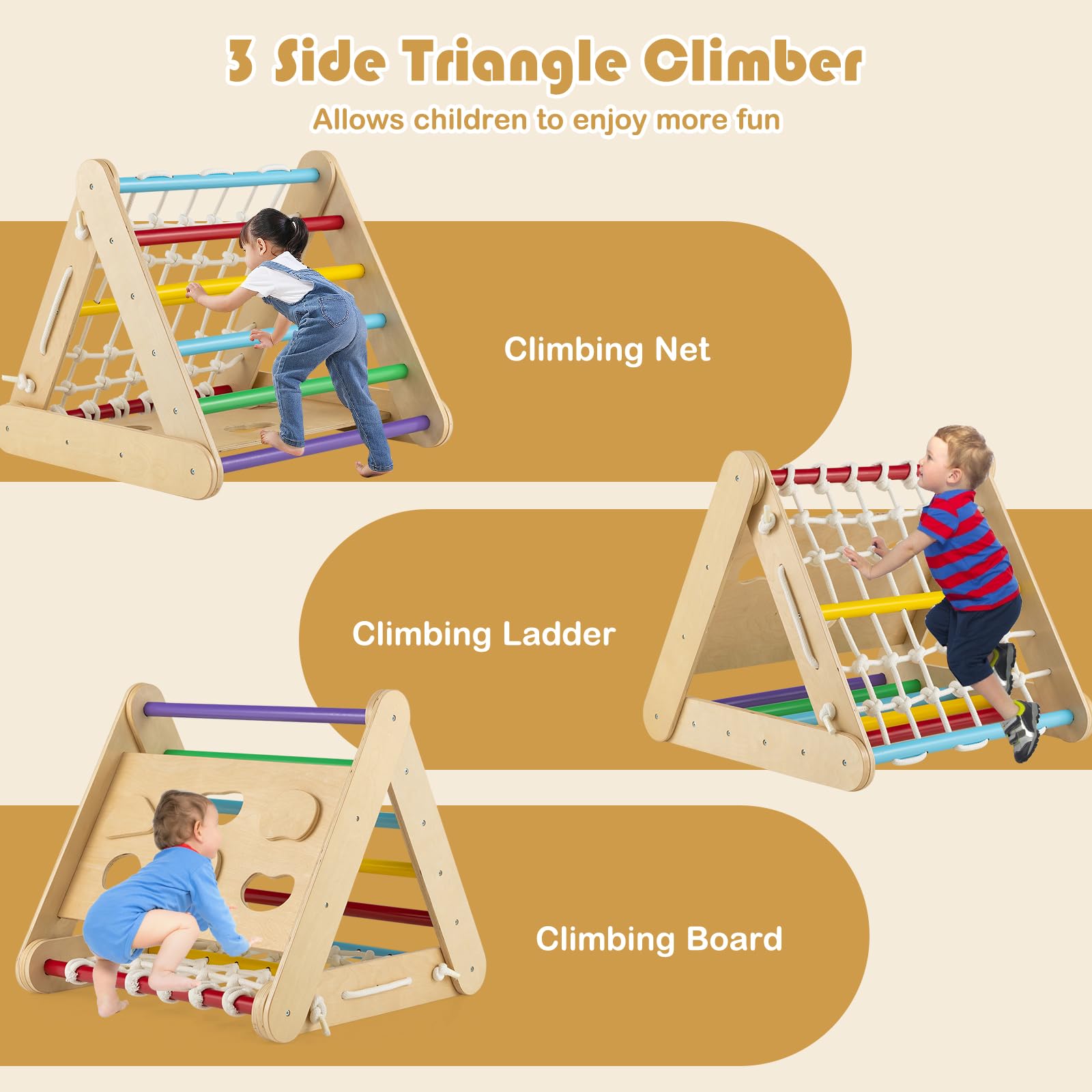 HOMASIS Set di Arrampicata per Bambini con Scivolo, Parco Giochi Bambini Interno in Legno, Triangolo da Arrampicata Montessoriano per Bambini da 1+ Anni, Capacità 50kg (Colorato)