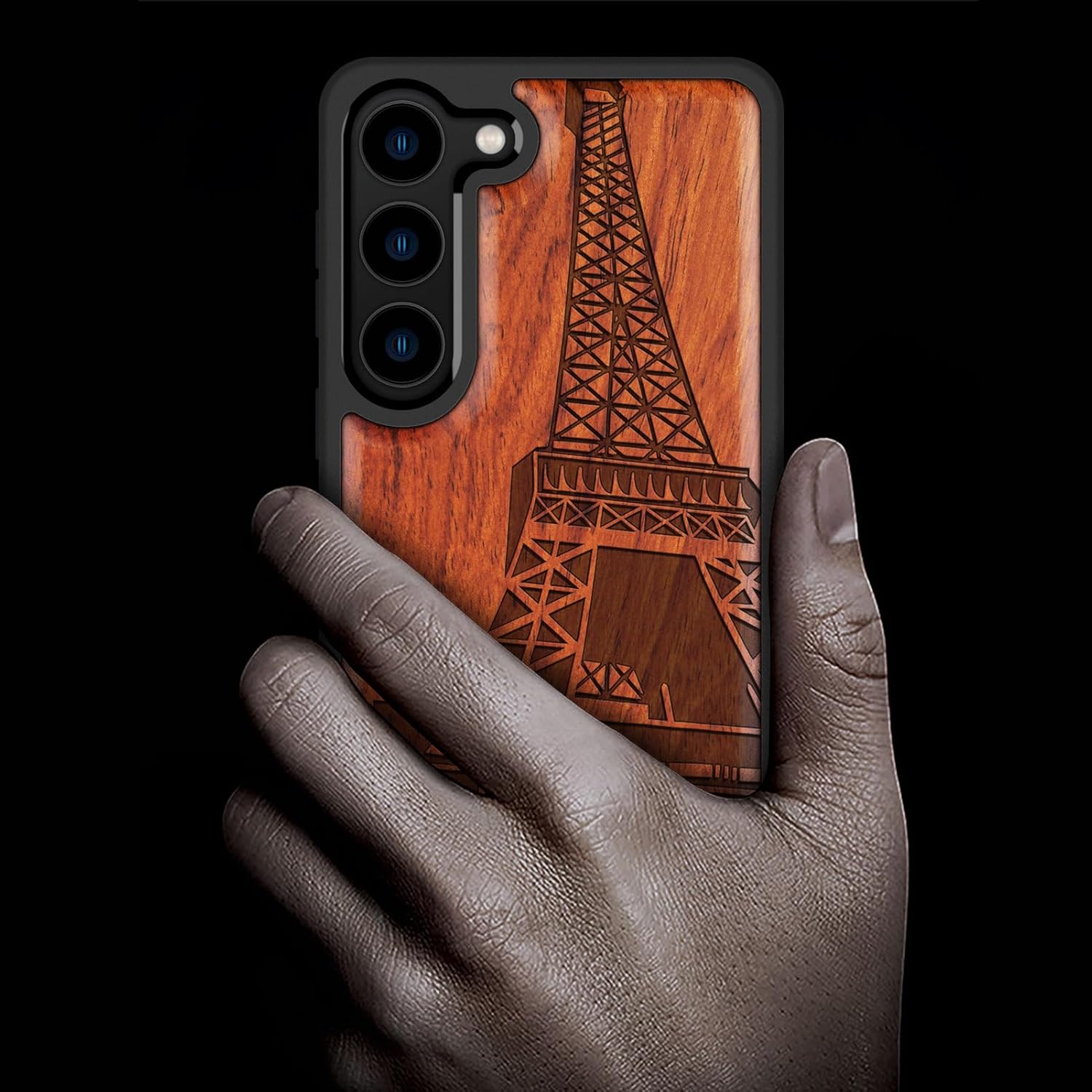 Carveit Wood Case for Galaxy S23 Case [Natural Wood & Black Soft TPU] Shockproof Protective Cover Unique Wooden Design Compatible with Samsung S23 (Eiffel Tower-Rosy)