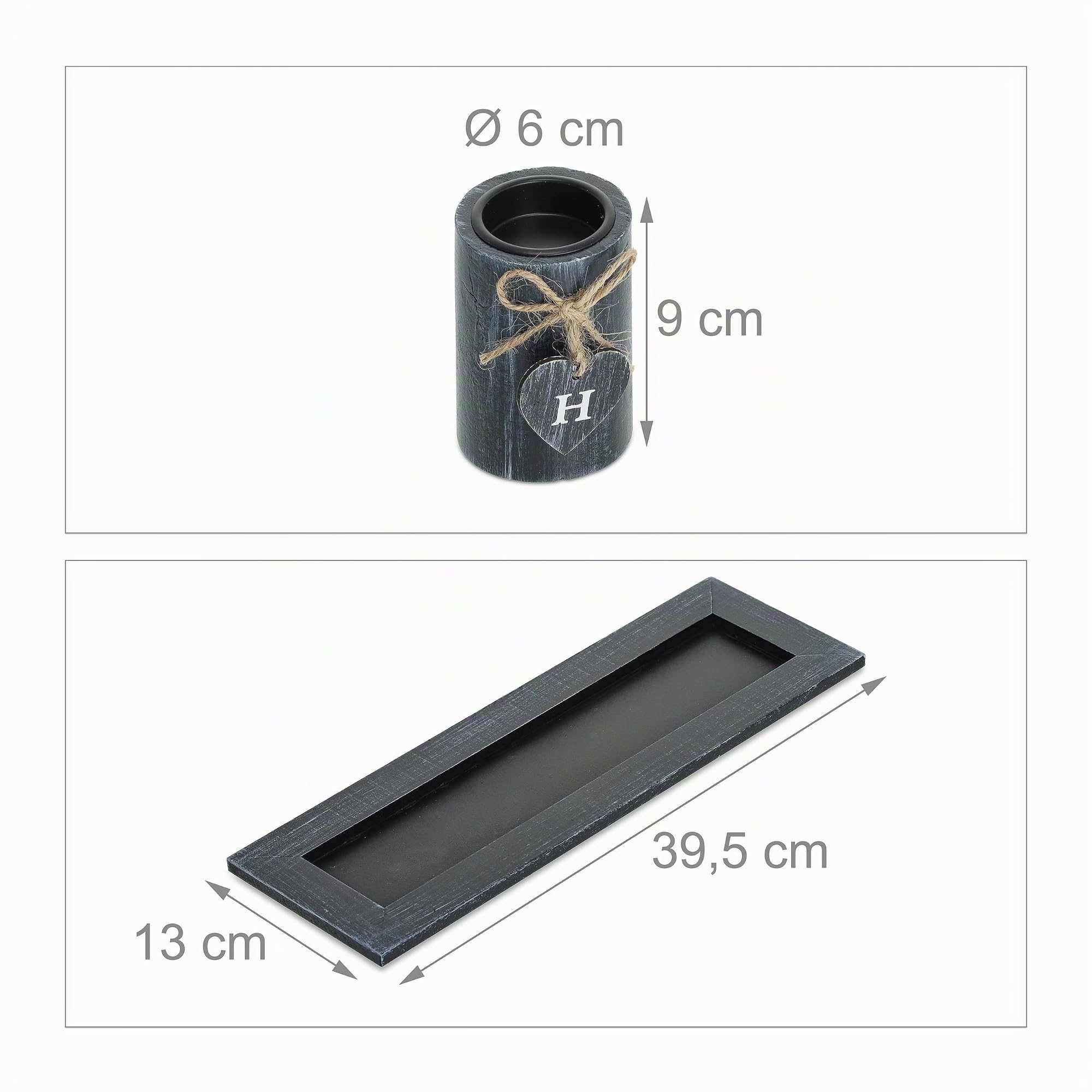 Relaxdays Portacandele, con Vassoio e Vasetti, Centrotavola, L: 39,5 cm, 4 Candeline, Pietre Deco, Scritta Home, Nero