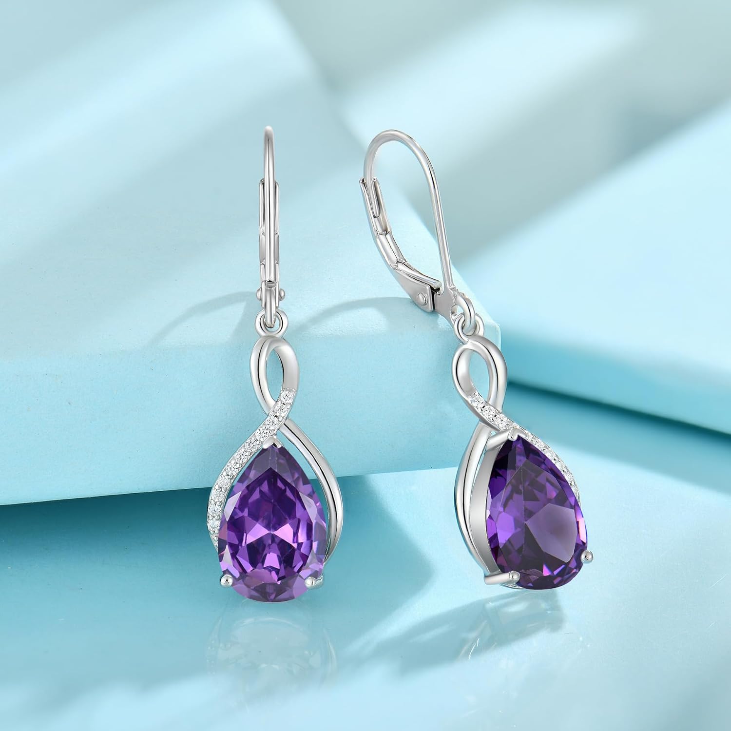 Amethyst Jewelry Set for Women 925 Sterling Silver February Birthstone Necklace Infinity Dangle Drop Leverback Earrings Jewelry Gifts for Her - Image 3