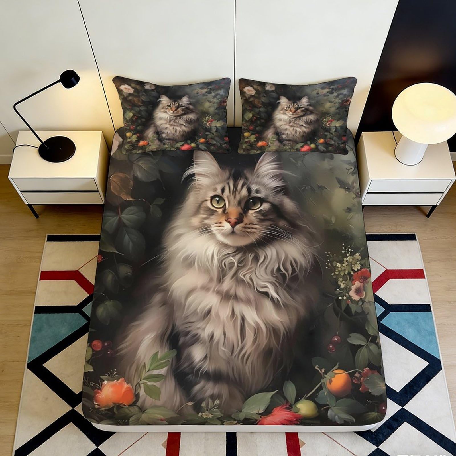 3D Printed Cat Fitted Sheet Microfiber Deep Pocket Bedroom Bedding Cat Mattress Fitted Cover Elastic Hem Washable for Adults Teens 90x200x25cm
