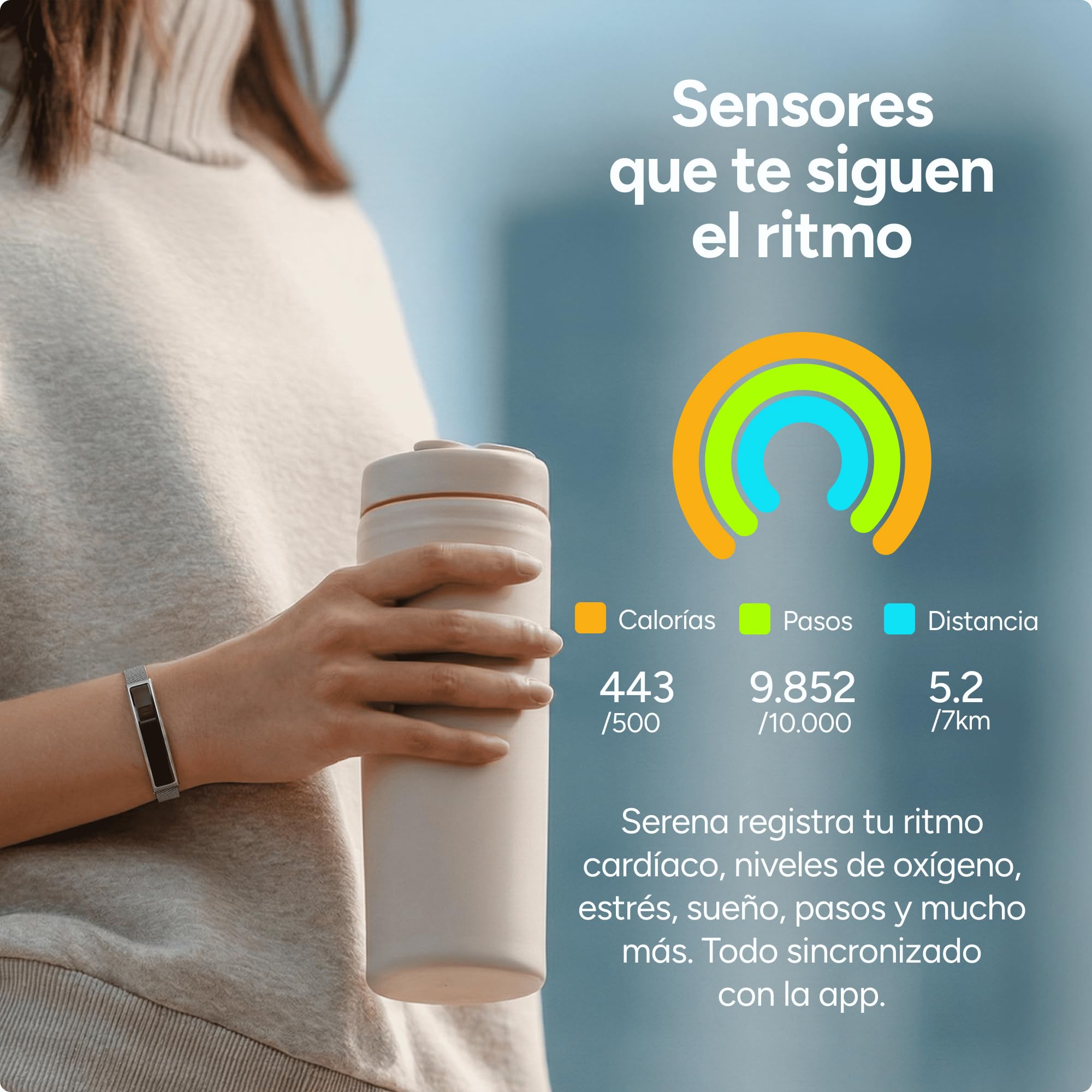 KSIX Serena Smartband Mujer con Pantalla, Pulsera Inteligente con Monitor de Actividad y sueño, App sin suscripción, 100 Modos Deporte, batería 7 días, 5 ATM, 2 Correas Silicona y metálica