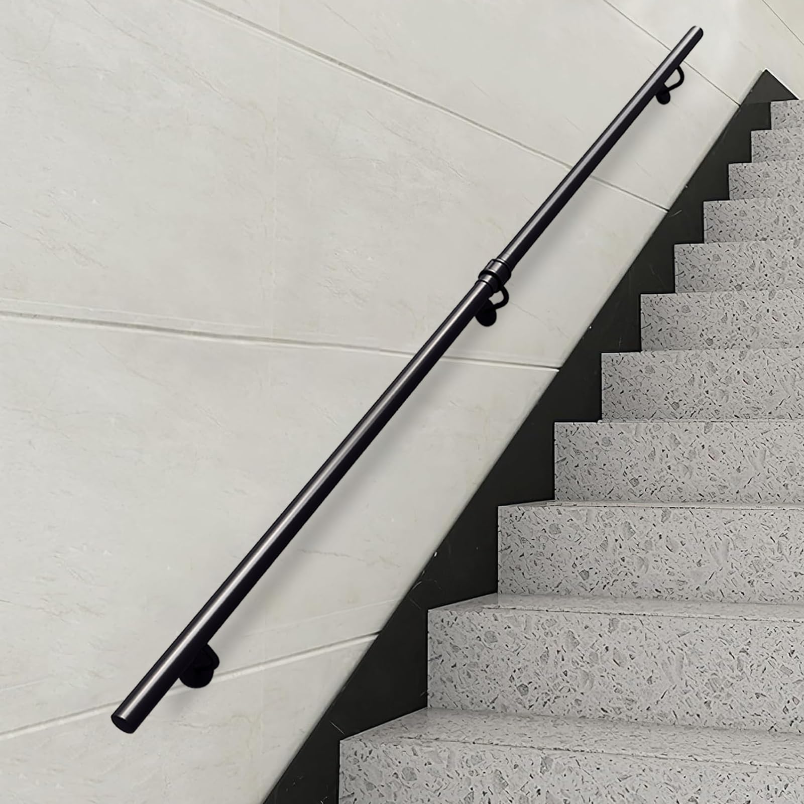 GLDYTVF 1ft-20ft Stair Handrail for Walls, Black Round Pipe Banister Rail Kit with Wrought Iron Brackets & Metal Screws, Indoor Outdoor Stair Railing Support Bar Rails(7ft/210cm)