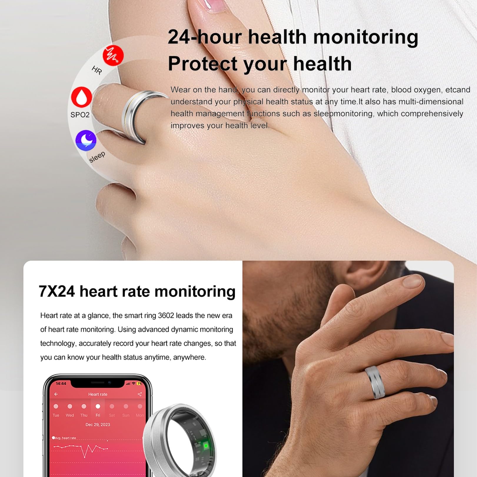 Anello Intelligente da Uomo E da Donna in Titanio, con Guscio in Acciaio, Monitoraggio della Salute del Sonno, Impermeabile, modalità Multi-Sport(7#)