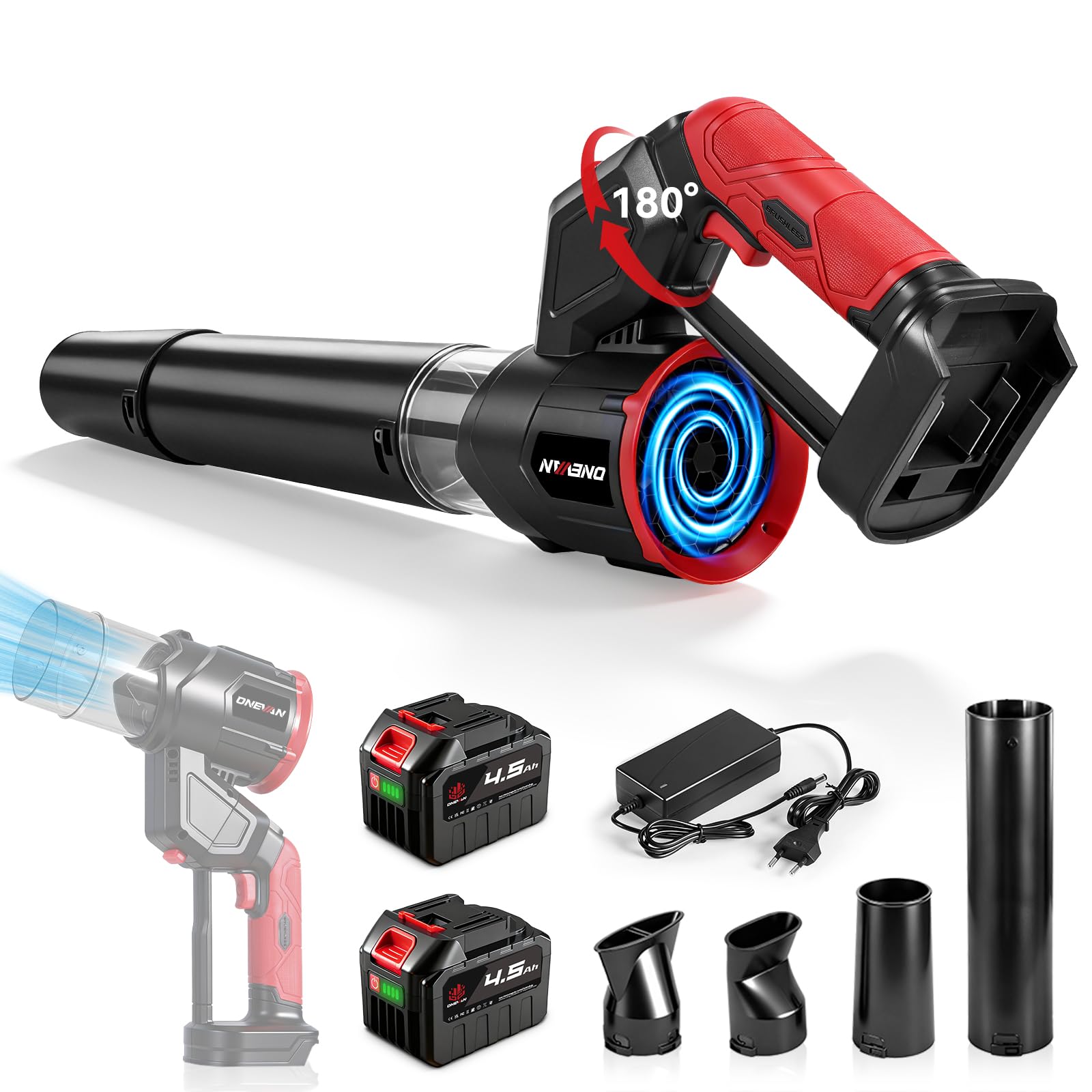 ONEVAN Soffiatore elettrico a batteria con display digitale, 525 W, senza spazzole, girevole a 180°, 180 km/h e 3 marce, 558 m³/h, con 4 ugelli, 2 batterie da 4,5 Ah, soffiatore senza fili per