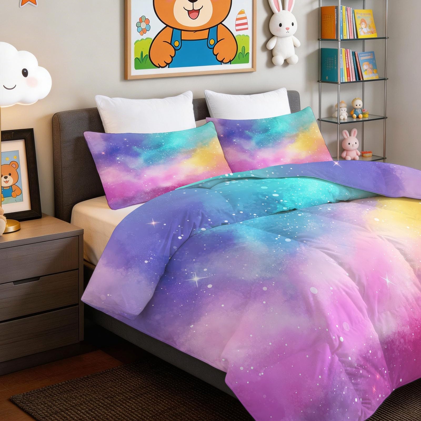 Traumhaft Stil Bettdecke Ohne Bezug 155 x 220 cm, 4 Jahreszeiten Steppdecke mit Regenbogen Farbverlauf Sterne Design - Waschbar Hautfreundlich Ganzjahresdecke mit 2 Kissenbezügen 80x80 cm