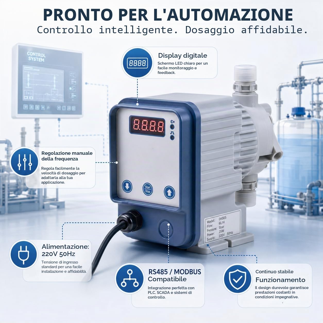 Pompa dosatrice a membrana elettromagnetica da 220 V AC, 1-20L/H, resistente ad acidi e alcali, 1-7 bar per il trattamento dell'acqua, cloro, disinfettante, inibitore di incrostazioni (6L/H 5 bar)