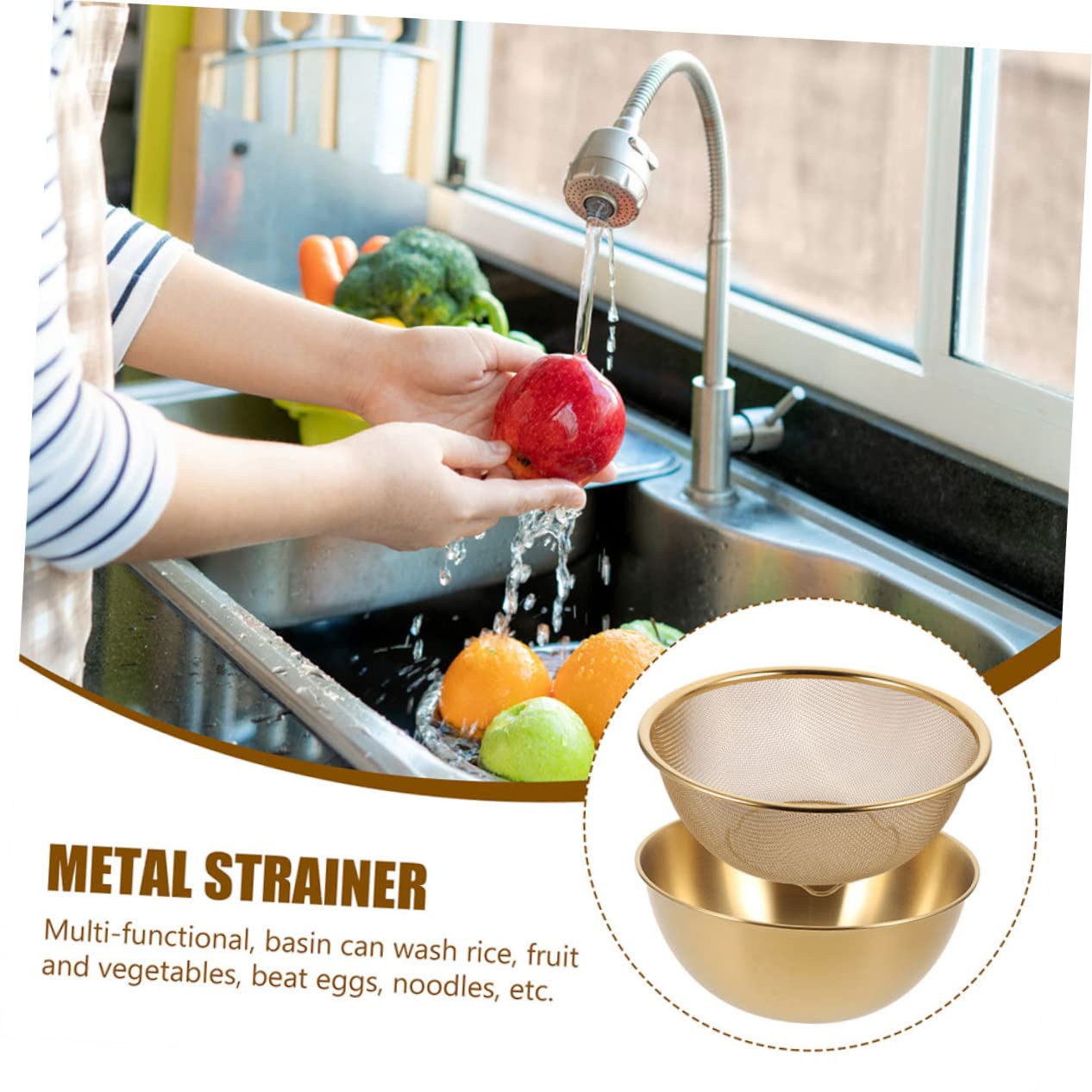 Alipis Colador Escurridor De Arroz y Verduras Acero Inoxidable 24 Cm Multifuncional Cesta Drenaje Hogar Conjunto 2 Piezas Color Dorado Para Cocina y Lavado Diario