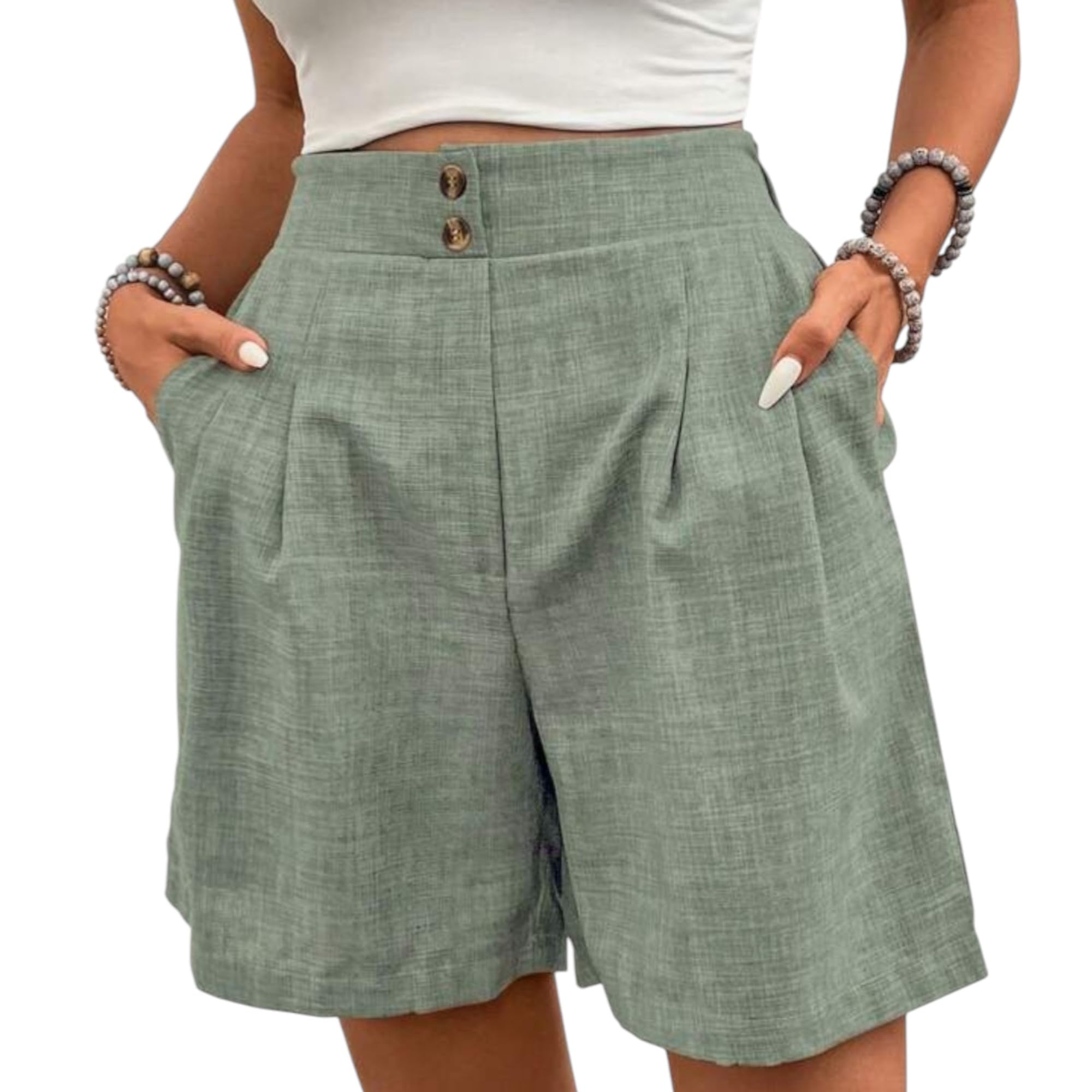 gufrina Women's Black High Waist Linen Blend Casual Shorts with Front Pleats and Side Pockets, Relaxed Fit Knee Length Bottom Wear-picture-28