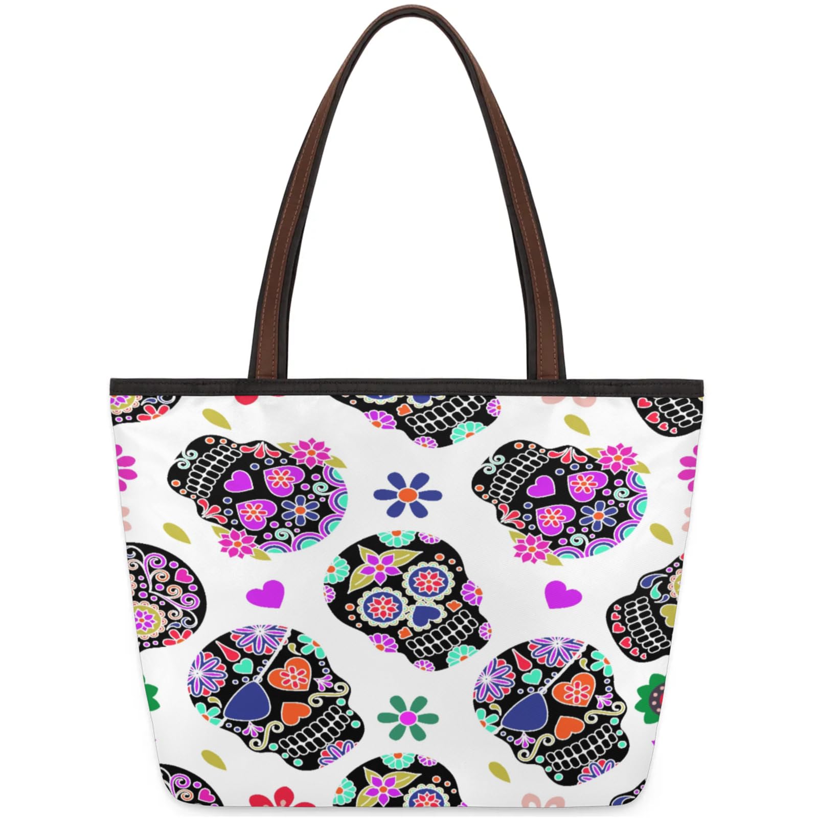 Sugar Skull Heart Flower Tote Bag Multi Pocket Zippered Beach Bag Lightweight Waterproof Handbag for Women Men Work Gym Travel Swimming Yoga Grocery Shopping L