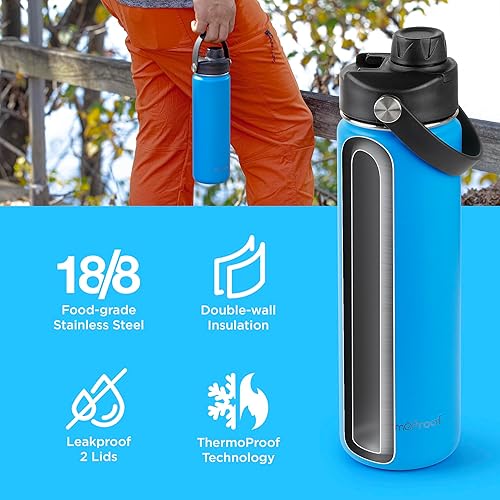 Miniatura 2 de Botella de agua de acero inoxidable de doble pared aislada al vacío a prueba de calor, boca ancha con tapas de pico y boquilla, apta para