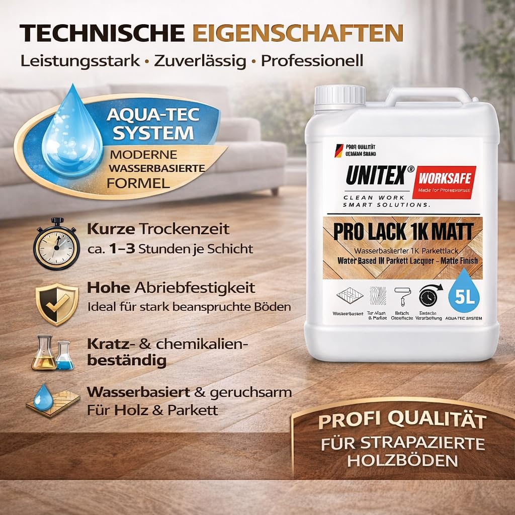 Unitex Barniz de parquet mate a base de agua, 5 l – 1 K, barniz para madera para parqué y suelos de madera, resistente, secado rápido Pro barniz K1