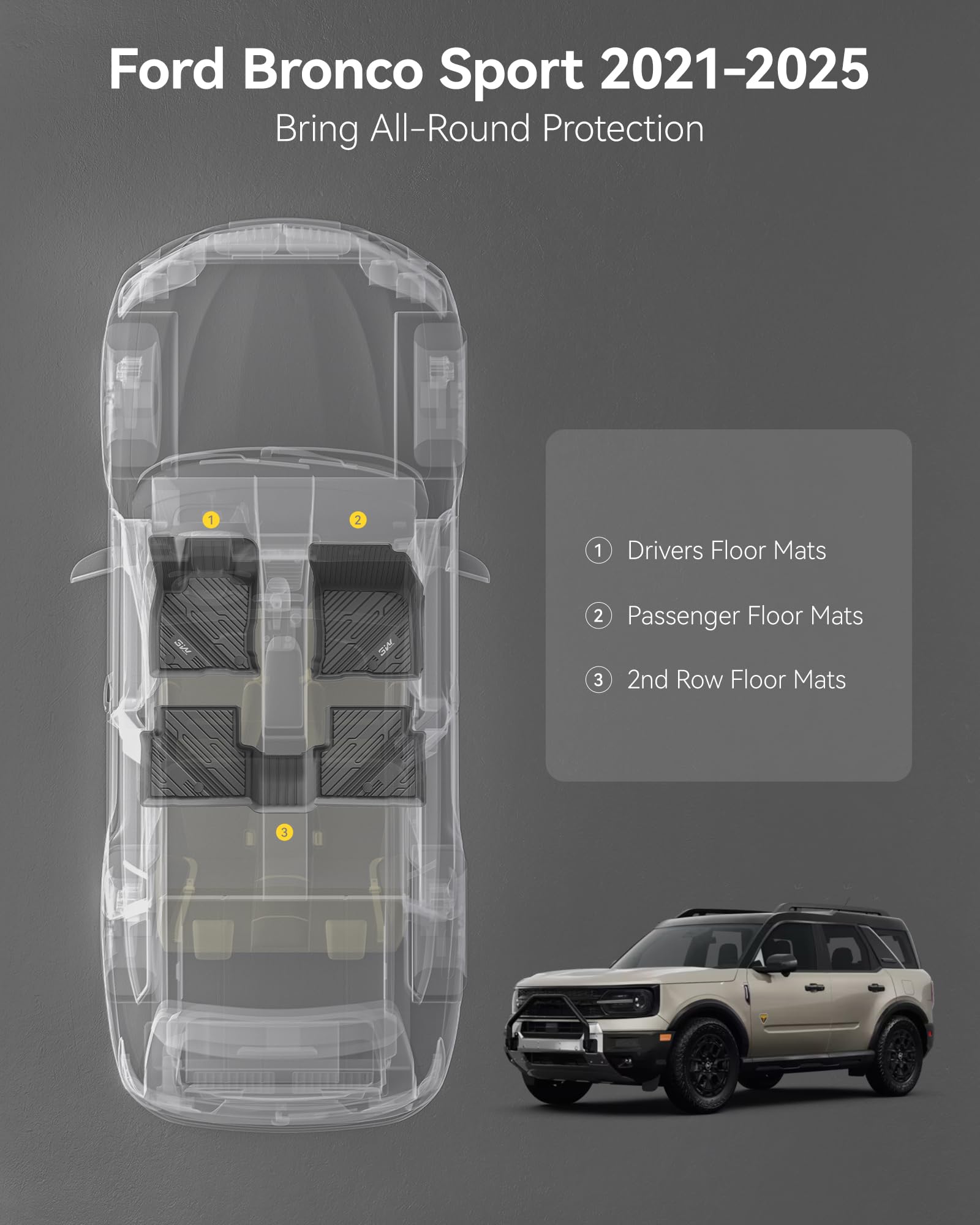 3W Floor Mats Fit for Ford Bronco Sport 2021 2022 2023 2024 2025 All Weather TPE Car Accessories — view 2