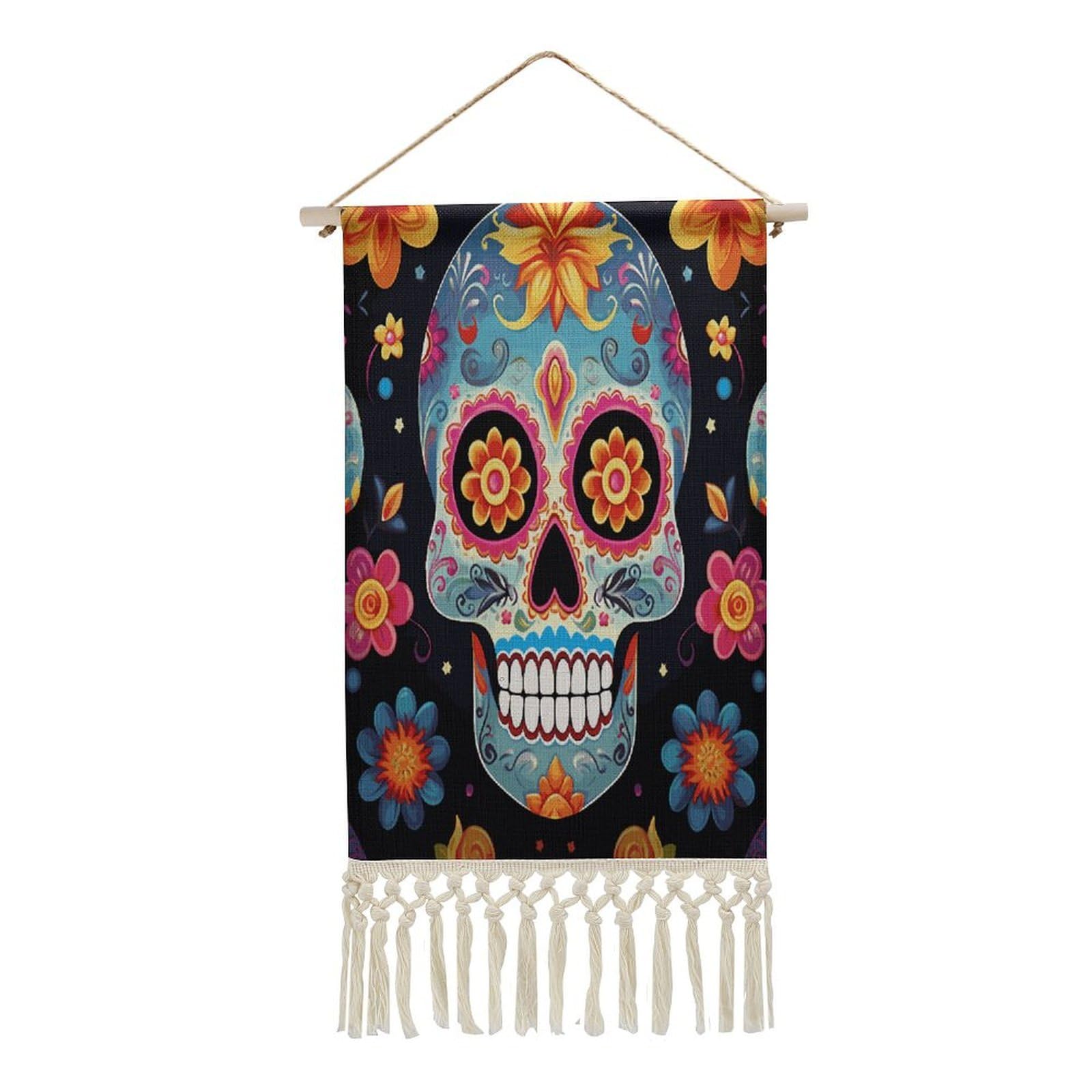 FekiLoot Sugar Skulls Wall Art Print Decor Art Tapestry with Tassel Cotton Linen Hanging Poster Vintage Aesthetic Wall Art Poster Rustic Wall Art Decor for Home Bedroom Living Room Office