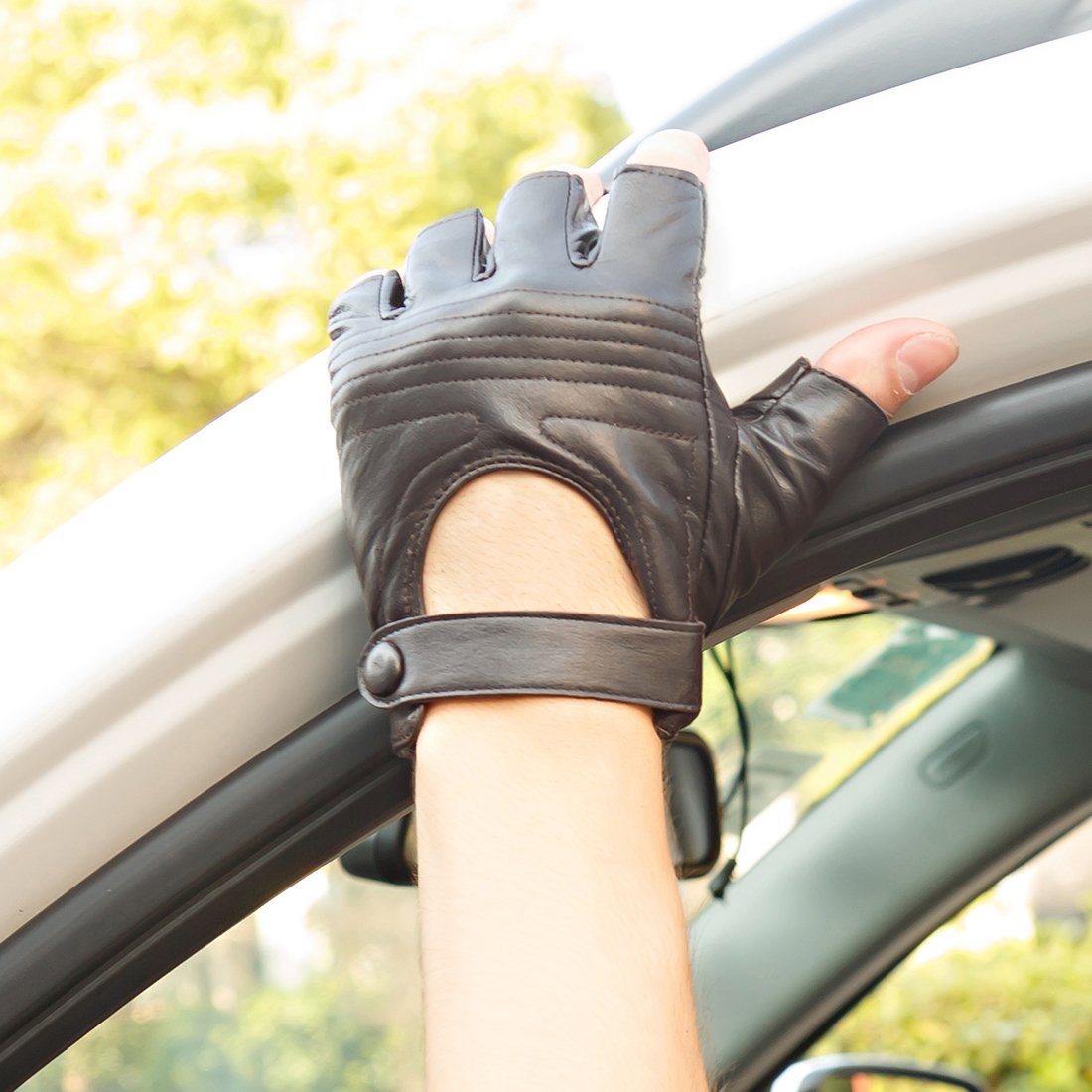 Nappaglo Men's Fingerless Leather Driving Gloves Italian Lambskin Half Finger Silk Lining Cycling Riding Outdoor Gloves (XXL (Palm Girth:9.5