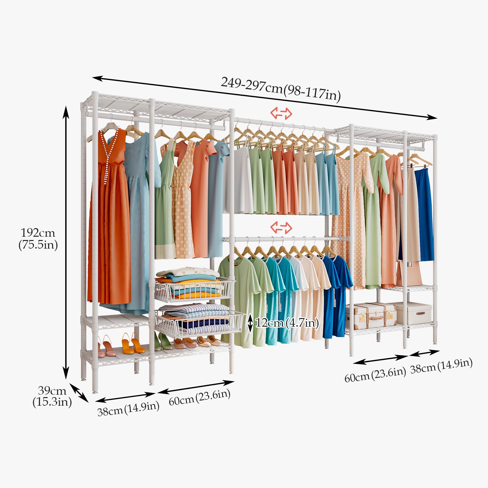 Armario Abierto Extensible (249-297 cm), con 2 Cestas y Gran Capacidad, Burro de Ropa Metálico para Dormitorio o Vestidor, Color Blanco