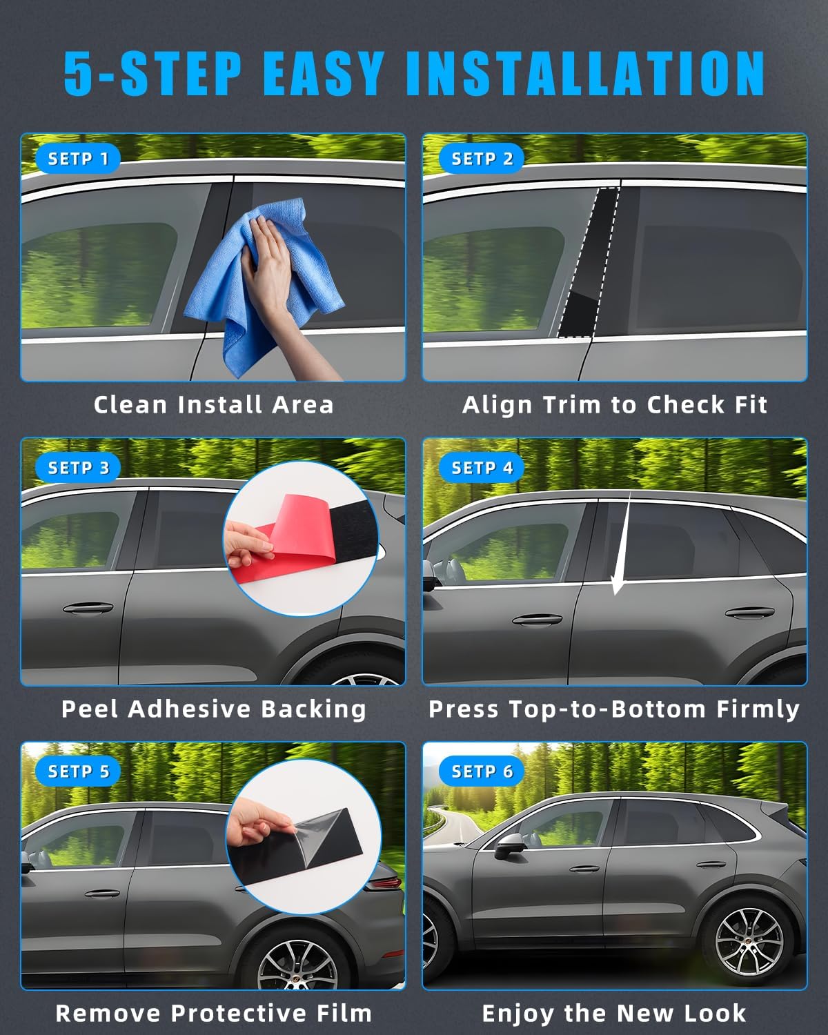 Door Window Trim for 2016-2023 Ca’di-llac XT5, Glossy Black Window Pillar Post Trim Kit, Strong Toughness PC Material Car Center Protect Stickers, 6 PCS