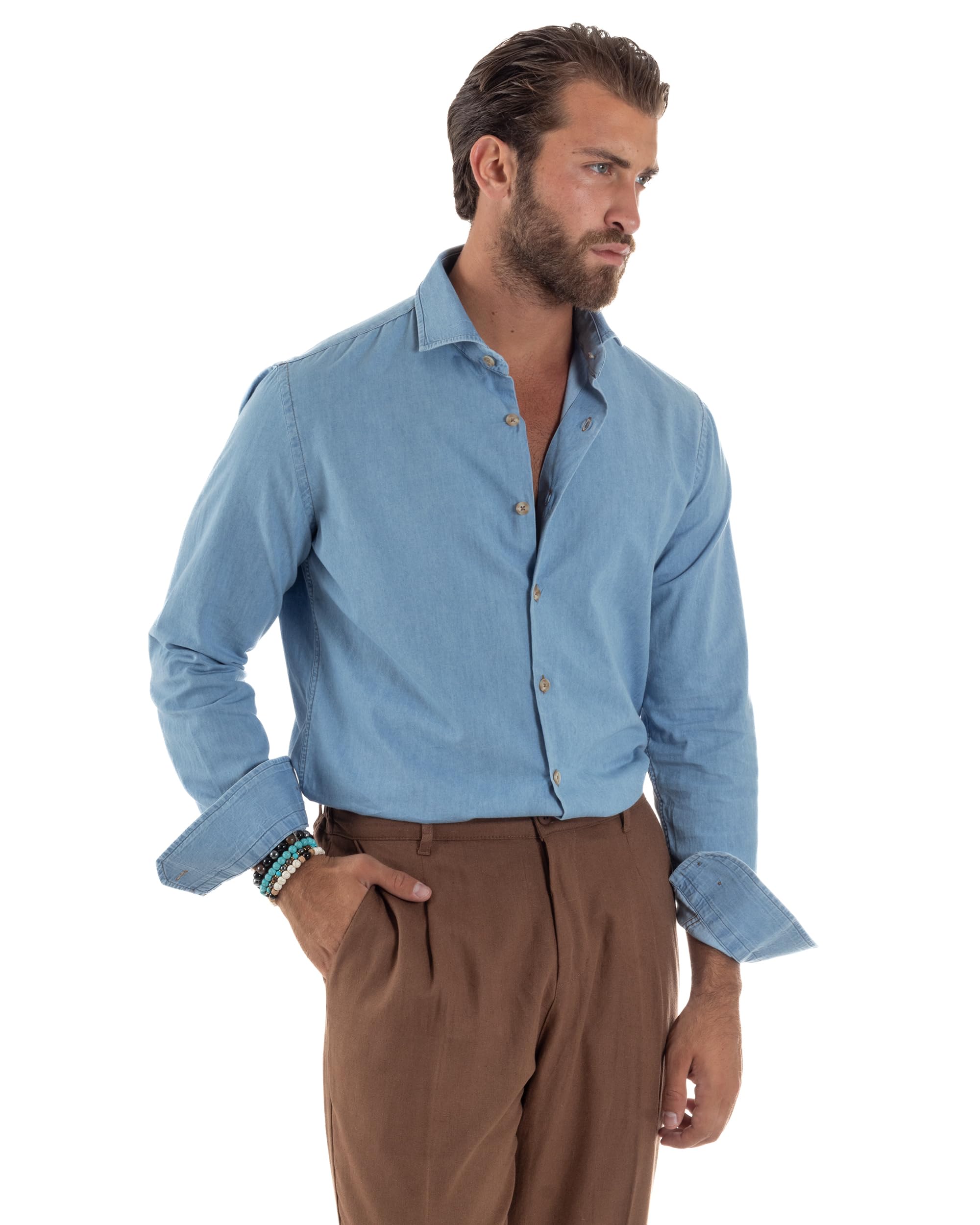 Camicia Uomo Jeans Collo Francese Denim Cotone Casual