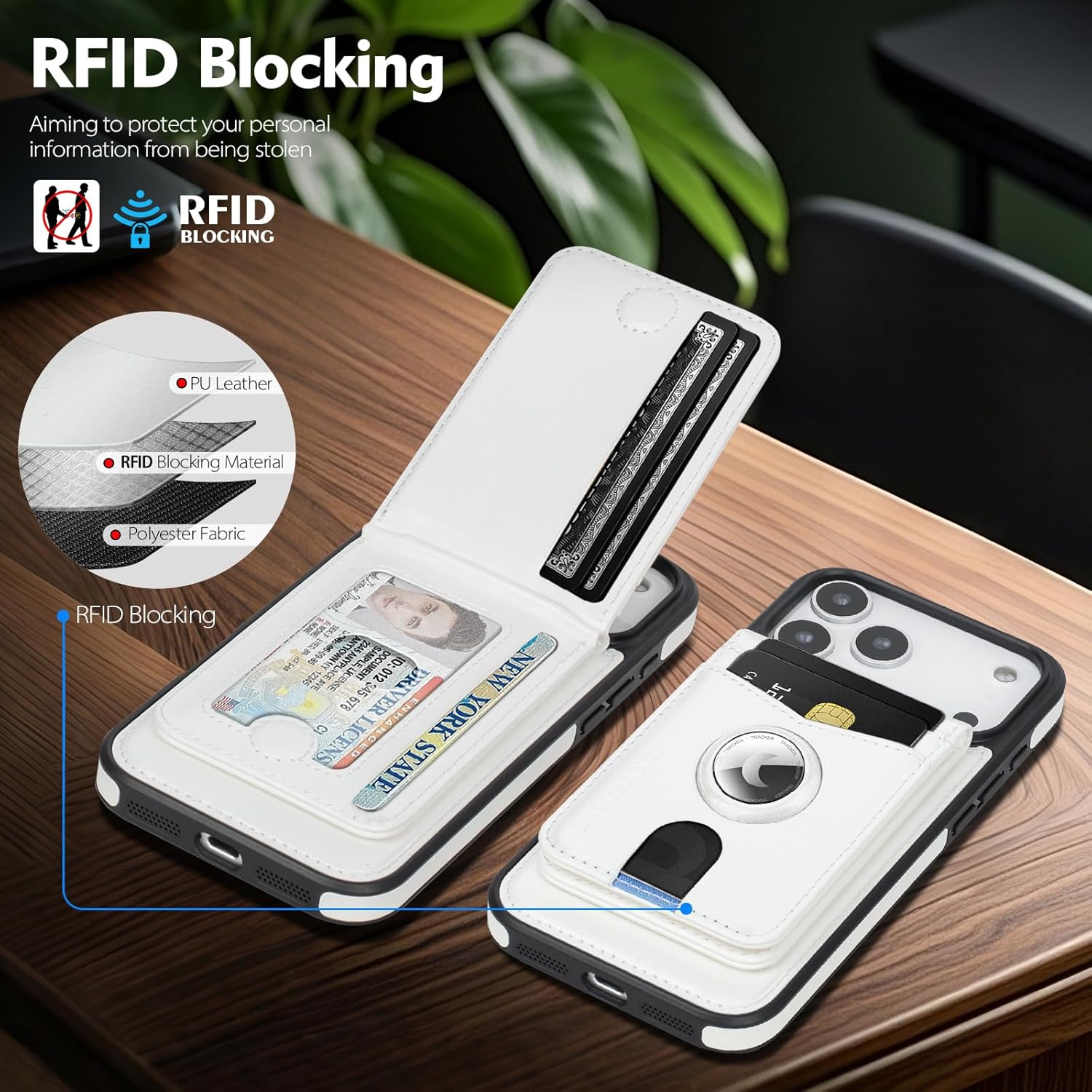 Compatible with MagSafe iPhone 17 Pro Max Case Wallet with AirTag Holder,2 in 1 PU Leather Magnetic Detachable RFID Blocking Credit Card Holder Flip Cover Kickstand for Men Women,White - Image 4