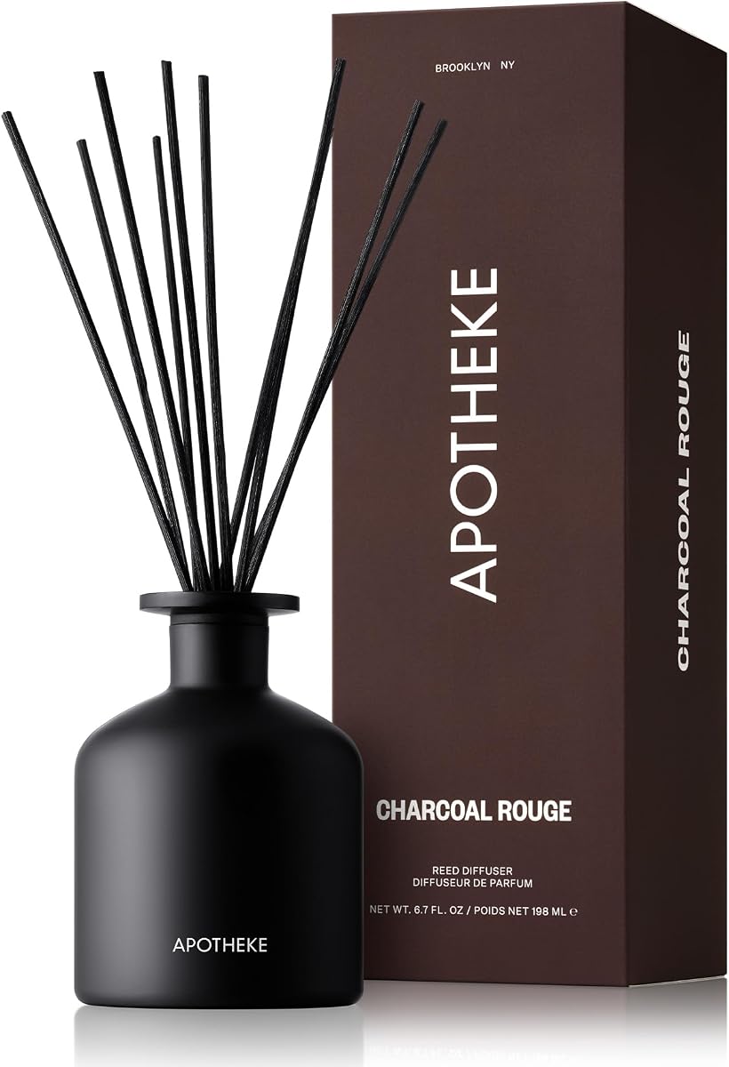 Apotheke Scented Reed Diffuser for Home, Charcoal Rouge, 10 Reed Sticks | 10 Rattan Scent Sticks, Long-lasting Fragrance with Essential Oil Aromatherapy for Bedroom & Bathroom - 6.7 Fl Oz