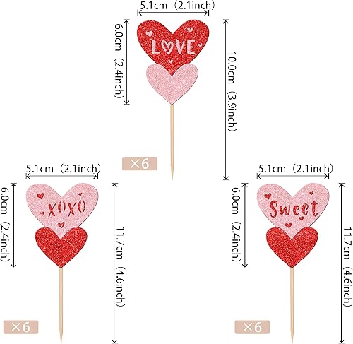 Miniatura 2 de 24 piezas de decoración para cupcakes para el día de San Valentín con purpurina roja y rosa dulce amor, decoración de pastel de corazón de doble