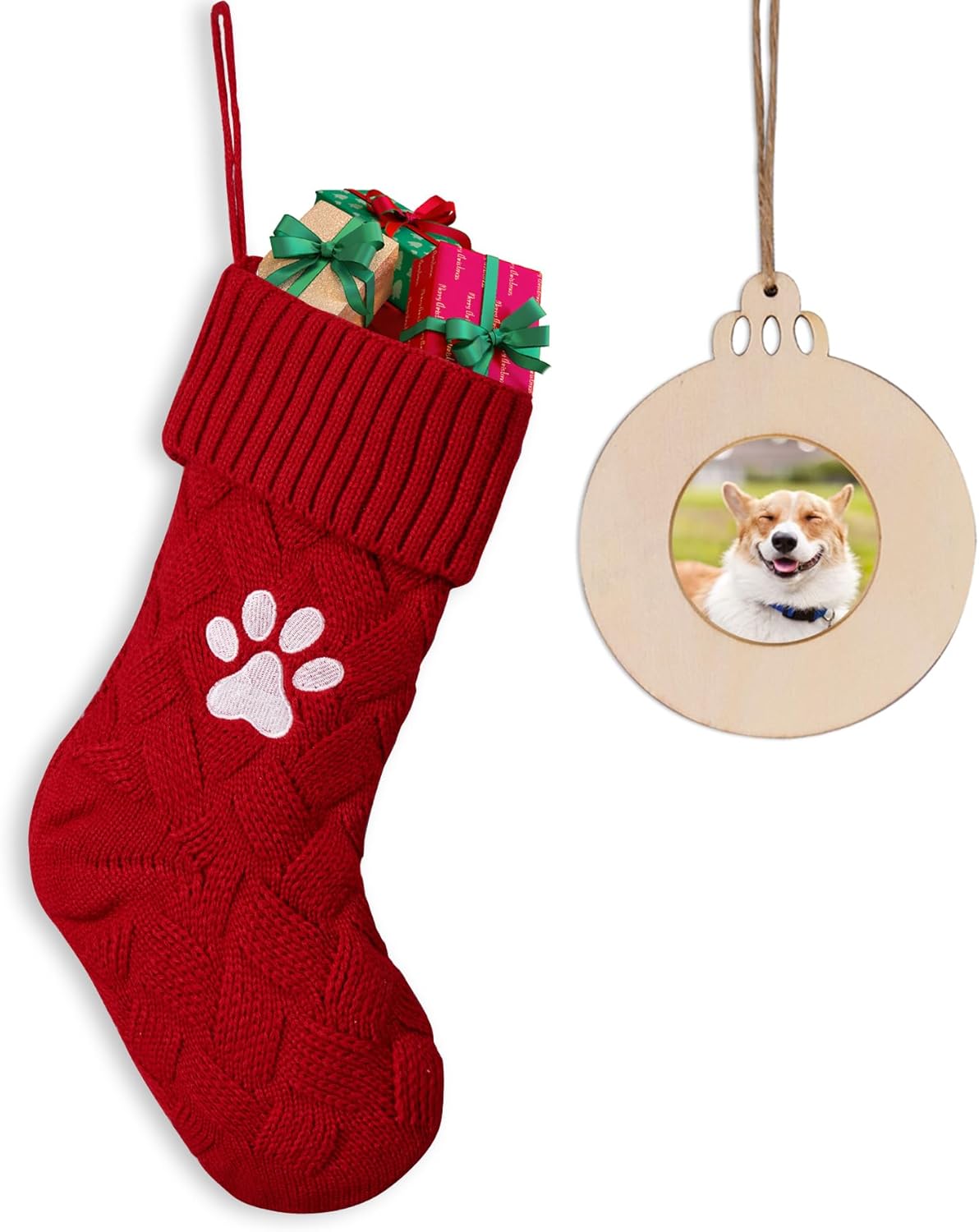 Mostop Knit Christmas Stocking, Large Green Stocking with Fish Bone Embroidery Xmas Hanging Stocking for Cat Pet Home Decorations Party Favor Supplies