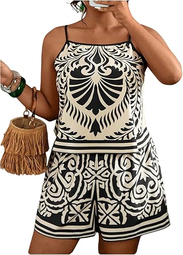 MakeMeChic Women's Plus Size 2 Piece Set Vacation Outfits Boho Cami Crop Tops Sh