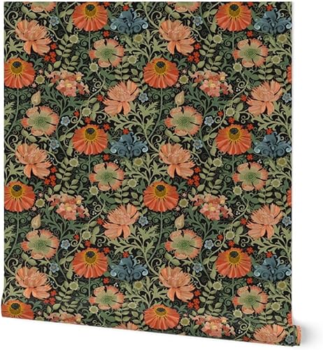 Spoonflower Papel tapiz autoadhesivo de 3 x 2 pies, diseño de flores negras Art Nouveau, diseño floral, decoración de jardín, papel tapiz extraíble