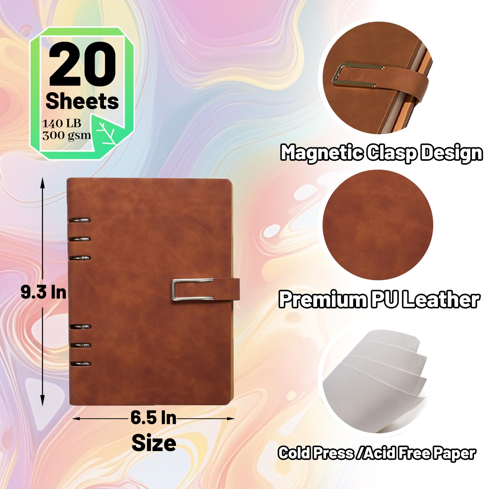 Professionelles Aquarell-Skizzenbuch mit 6-Ringbuch, 20 Blatt, 300 g/m², 100 % Baumwolle, säurefrei, kaltgepresstes Papier, 23,5 x 16 cm, strukturiertes Kunstjournal für Künstler, Studenten und