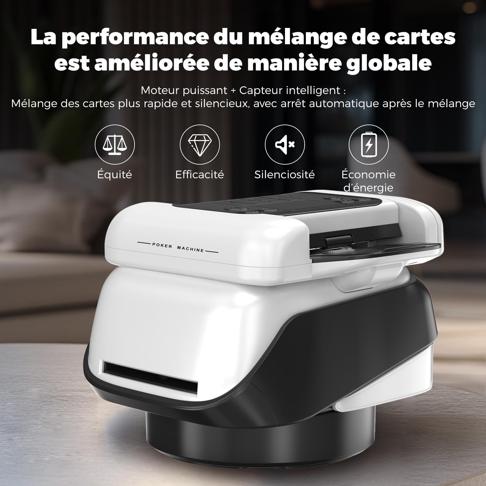 Mélangeur et distributeur de cartes automatique avec fonction de rotation à 360°, répartition de cartes réglable pour plusieurs joueurs, angle de sortie polyvalent et compatibilité avec