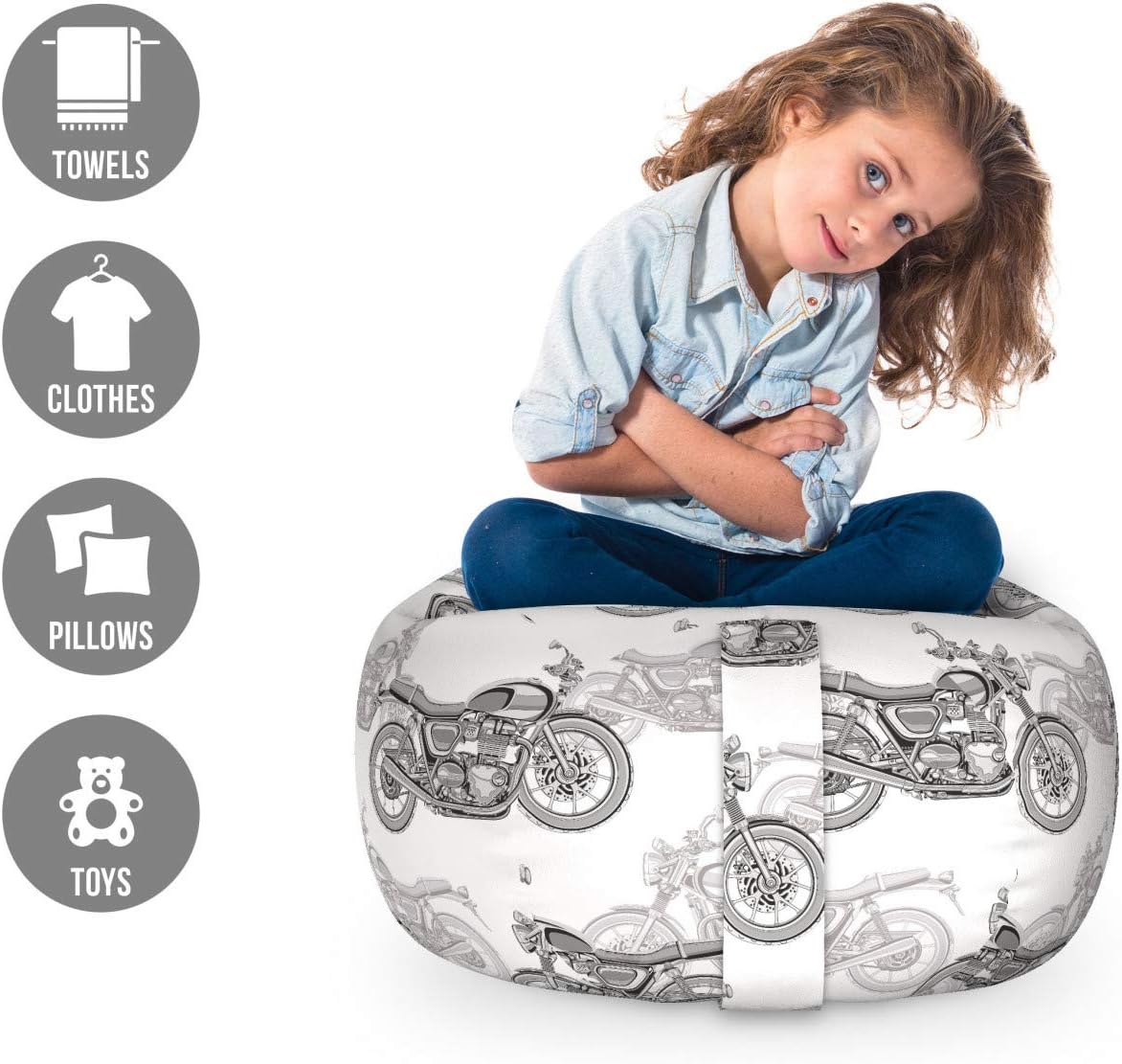 Ambesonne Motorcycle Storage Toy Bag Chair, Realistic Grayscale Illustration of Classic Motorcycles Many Details, Stuffed Animal Organizer Washable Bag, Small Size, Black White