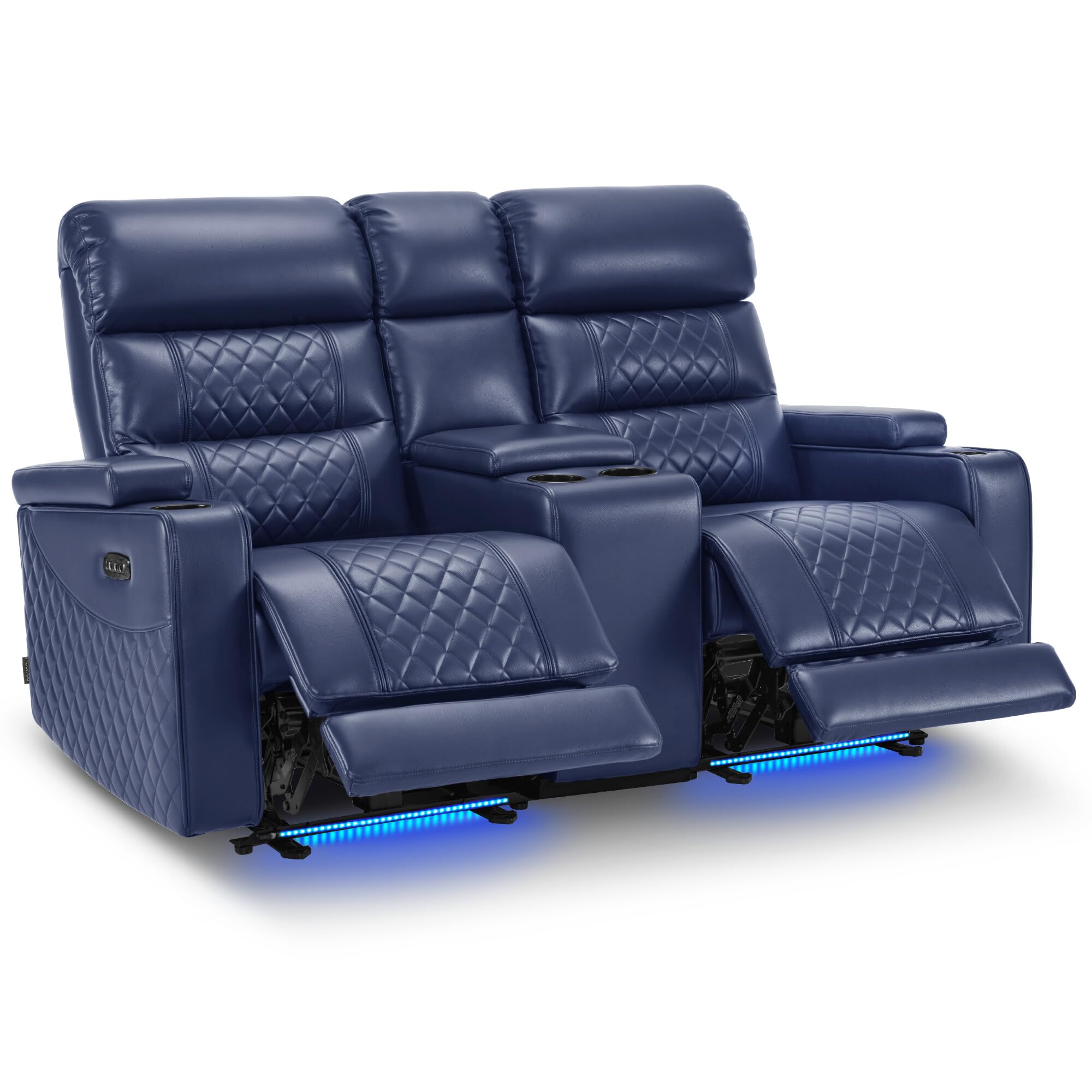 MCombo Zero Gravity Power Recliner Loveseat with Adjustable Headrest for Living Room, Home Theater Seating with USB &amp; Type-C Port, Armrest Storage &amp; LED HTS480 (Navy Blue, Loveseat with Console)