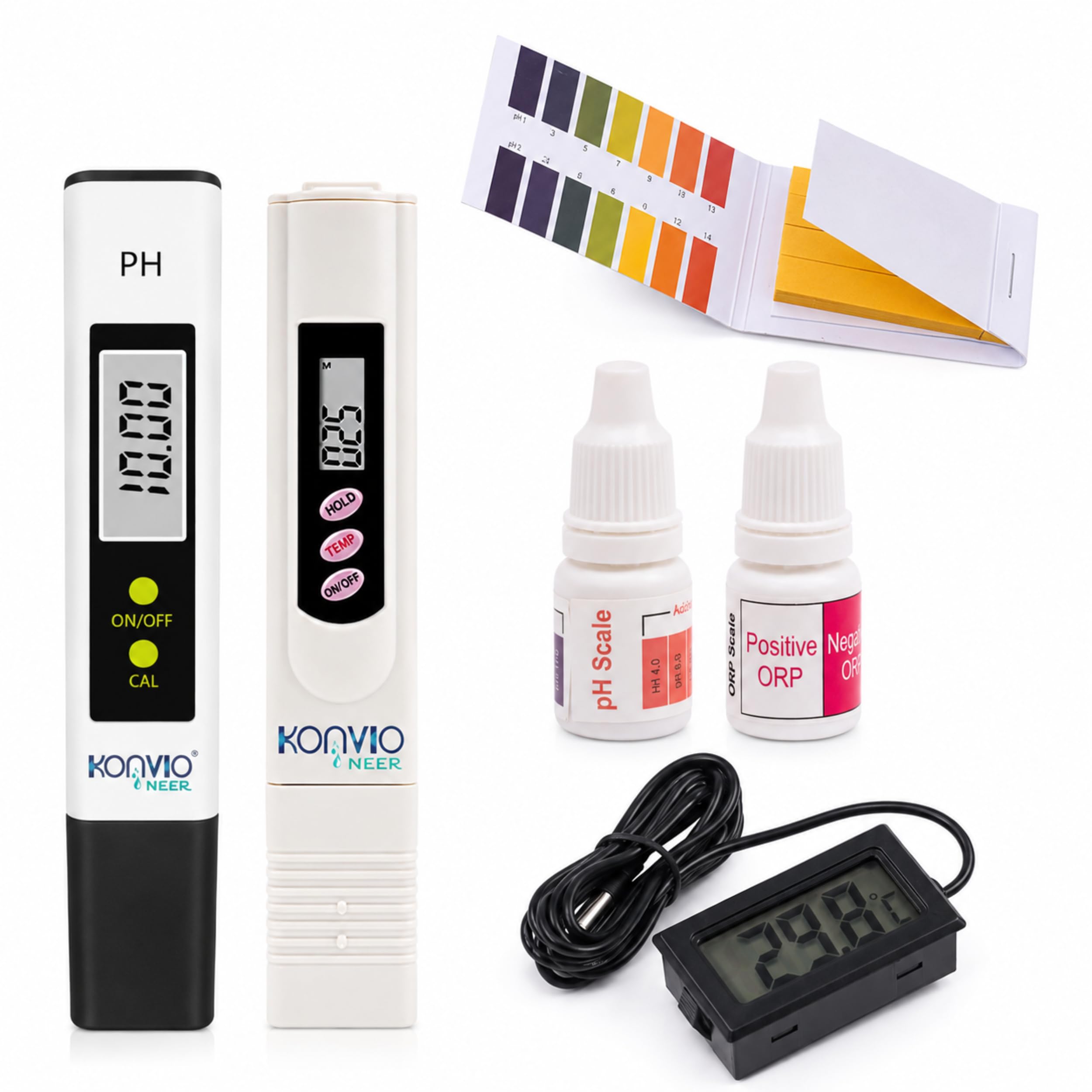 konvio neer digital lcd tds meter, digital ph meter, ph strips, ph and orp drop testing and mini lcd digital temperature meter sensor wired - comprehensive water testing solution for home, aquariums