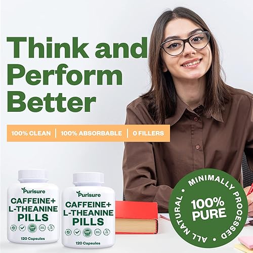 Miniatura 4 de Purisure Cápsulas de cafeína teanina, píldoras de cafeína de 100 mg de cafeína + 200 mg de L de teanina para antes del entrenamiento, energía y