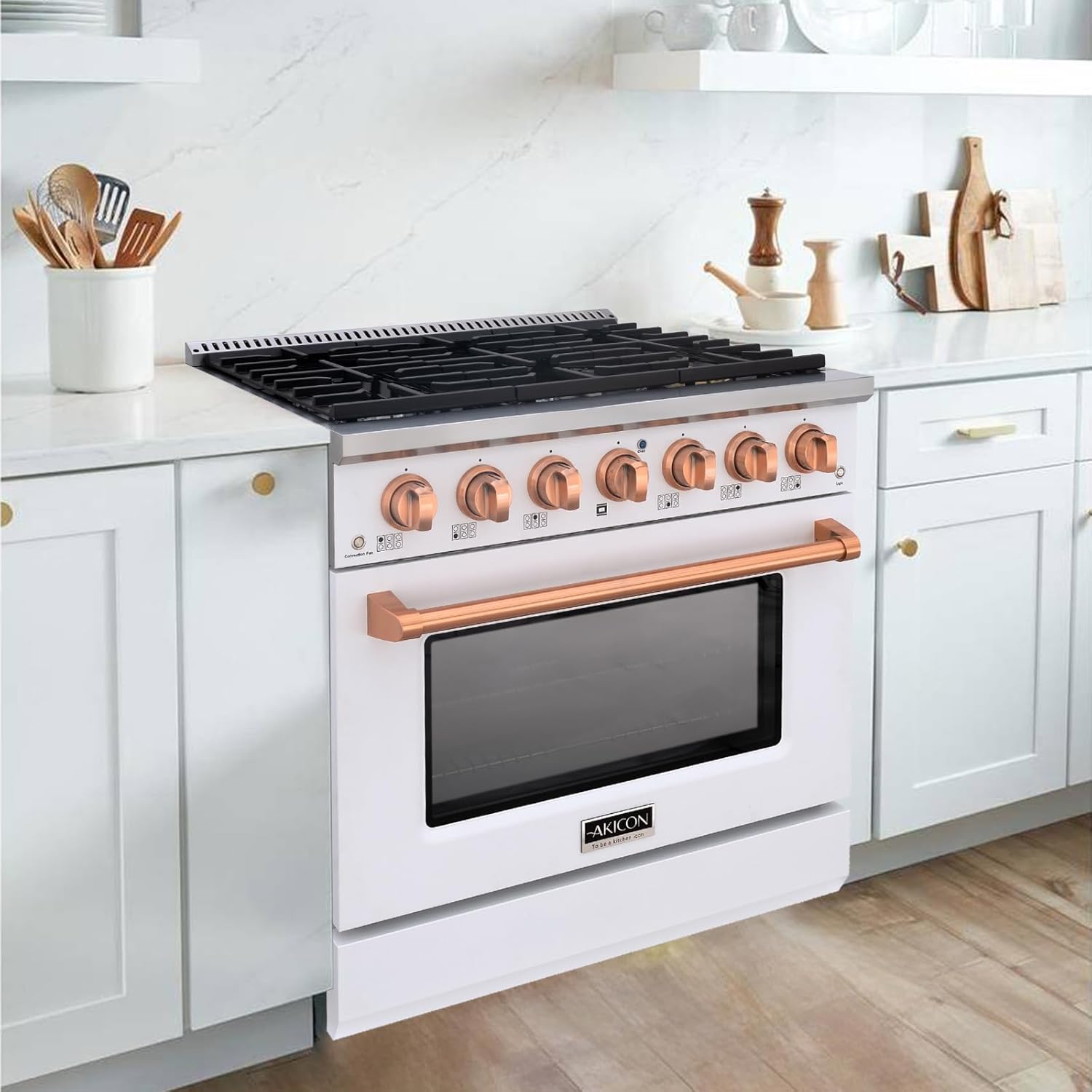 Akicon 36" Slide-in Freestanding Professional Style Gas Range with 5.2 Cu. Ft. Oven, 6 Burners, Convection Fan, Cast Iron Grates, & Blue Porcelain Oven Interior, In White with Copper