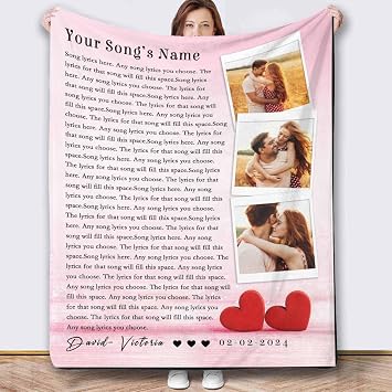 Newcos Personalized Name Date Blanket for Couples Custom Pink Song Lyric Blanket for Husband Wife Customized Picture Text Blanket for Valentines Birthday Christmas
