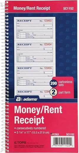 Adams Money and Rent Receipt Book, 2-Part Carbonless, 5-1/4" x 11", Spiral Bound, 200 Sets per Book, 4 Receipts per Page (SC1152)
