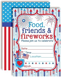 Amanda Creation Food, Friends & Fireworks Party Invitations, 20 5x7 Fill In Cards with Twenty White Envelopes