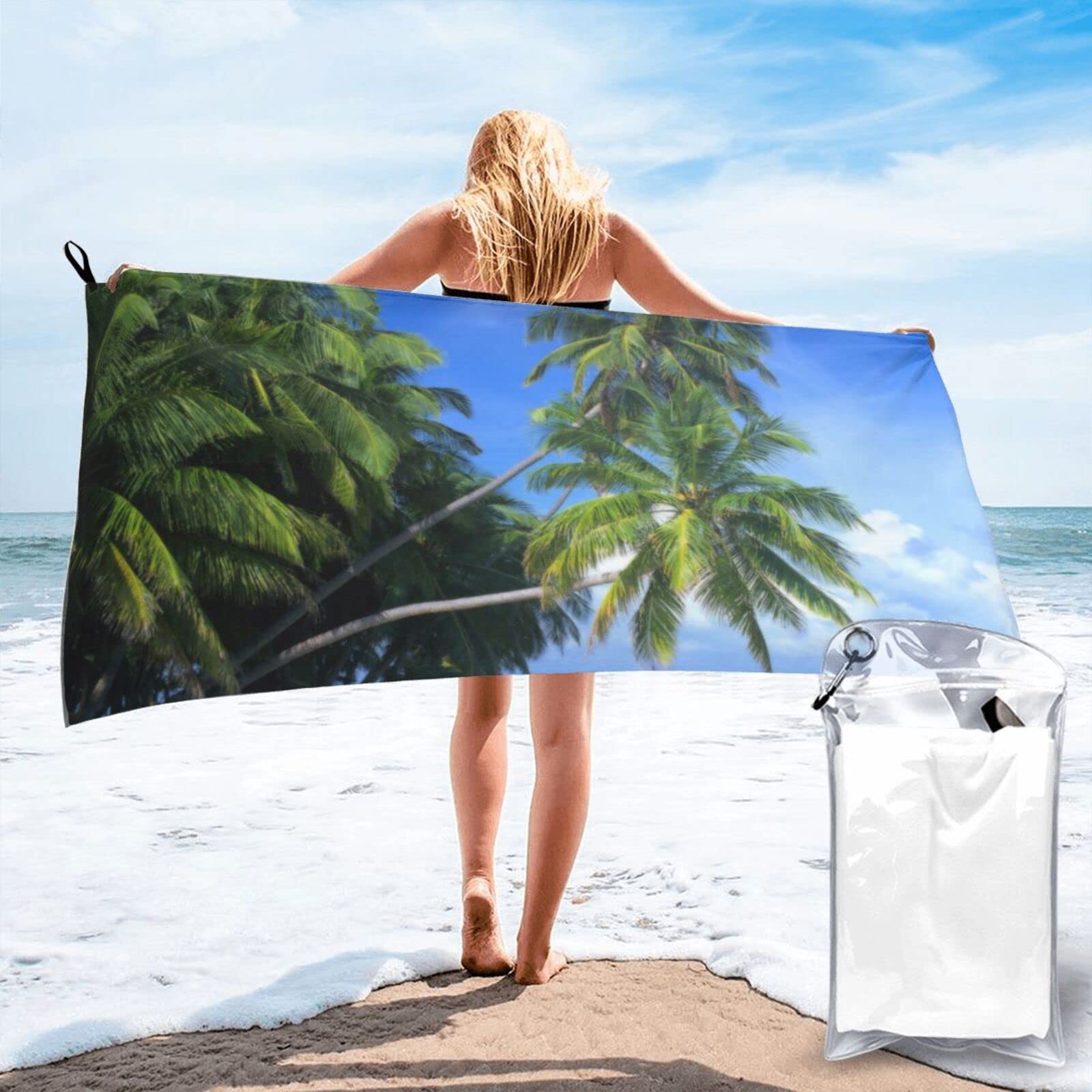 Lawenp Palm Trees and Beach Microfiber Beach Towel Adults Large Quick Drying Bath Towel Travel Towels with Pouch 31.5"x63"