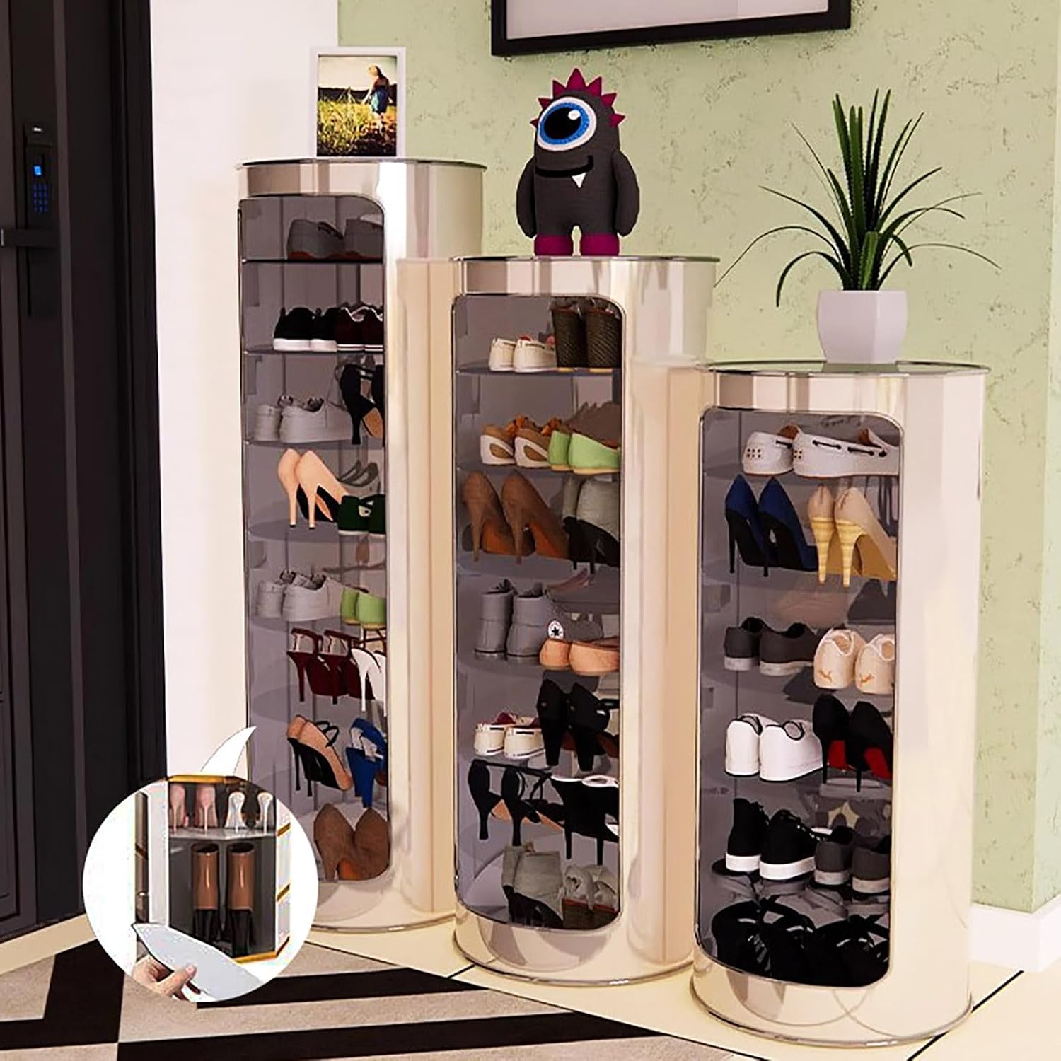360 Rotating Shoe Cabinet,Adsorption Door,Freestanding Shoe Rack Tower Revolving Shelves,Vertical Round Shoe Rack Tall Shoe Organizer Storage Cabinet(8 tiers-47.2", White)