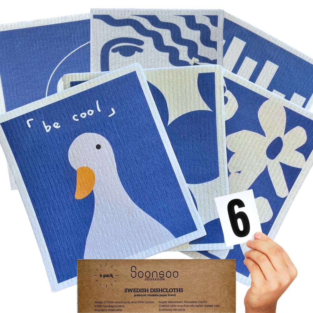 SOONSOO Swedish Dishcloths 6Pack Absorbent Eco-Friendly Reusable Cleaning Cloths for Kitchen - Multi-Purpose Machine Washable Compostable Quick Drying