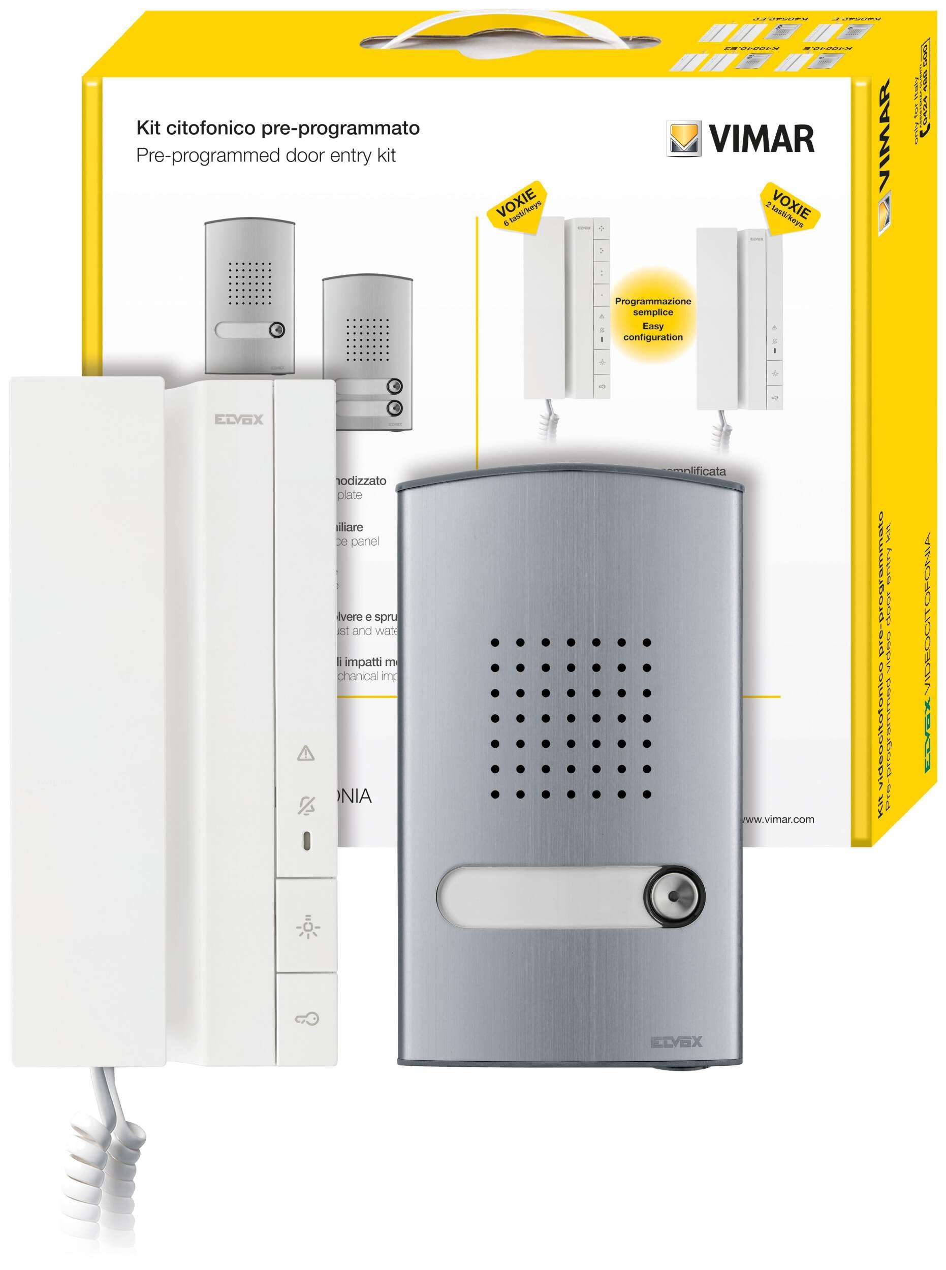 Vimar K40540.E Kit Citofono Un Utente 2 Fili con: 1 Unità Elettronica Audio, 1 Platino di Strada Audio a 1 Pulsante, 1 Citofono Voxie con 2 Pulsanti, 1 Alimentazione