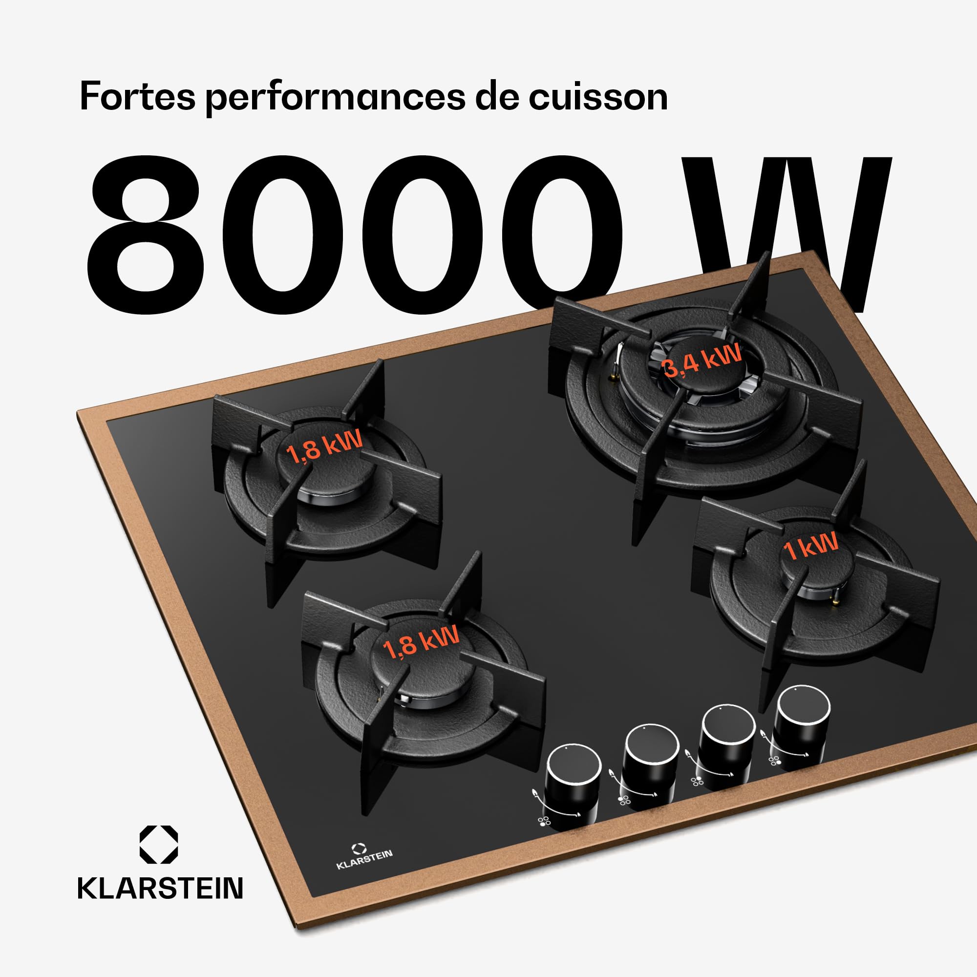 Klarstein Lumiflame Plaque De Cuisson Gaz, 4 Brûleurs 8 kW, Cadre Cuivre & Verre Trempé, Allumage Électrique, Sécurité FFD, Compatible GPL & Gaz Naturel, Supports Fonte