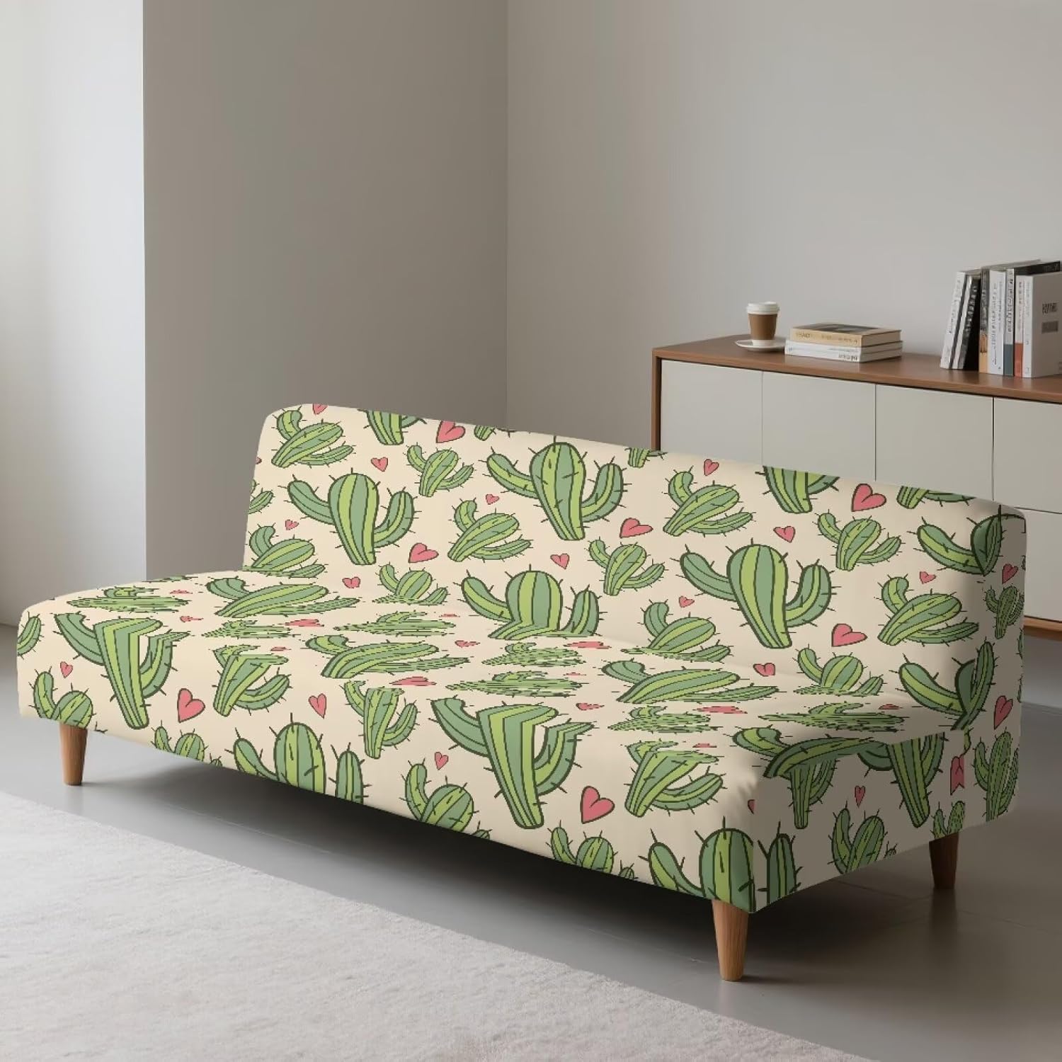 Cactus Heart Print Apricot Stretch Futon Slipcover Armless Sofa Cover Futon Mattress Covers Without Armrests Sofa Bed Furniture Protector Covers with Elastic Bottom